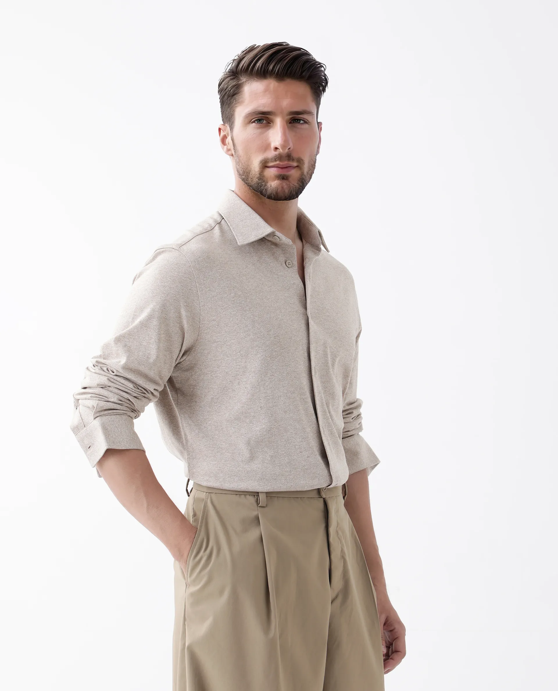 Rare Rabbit Men's Ekel Light Beige Cotton Blend Plain Regular Fit Full Sleeve Collared Shirt - Image 3