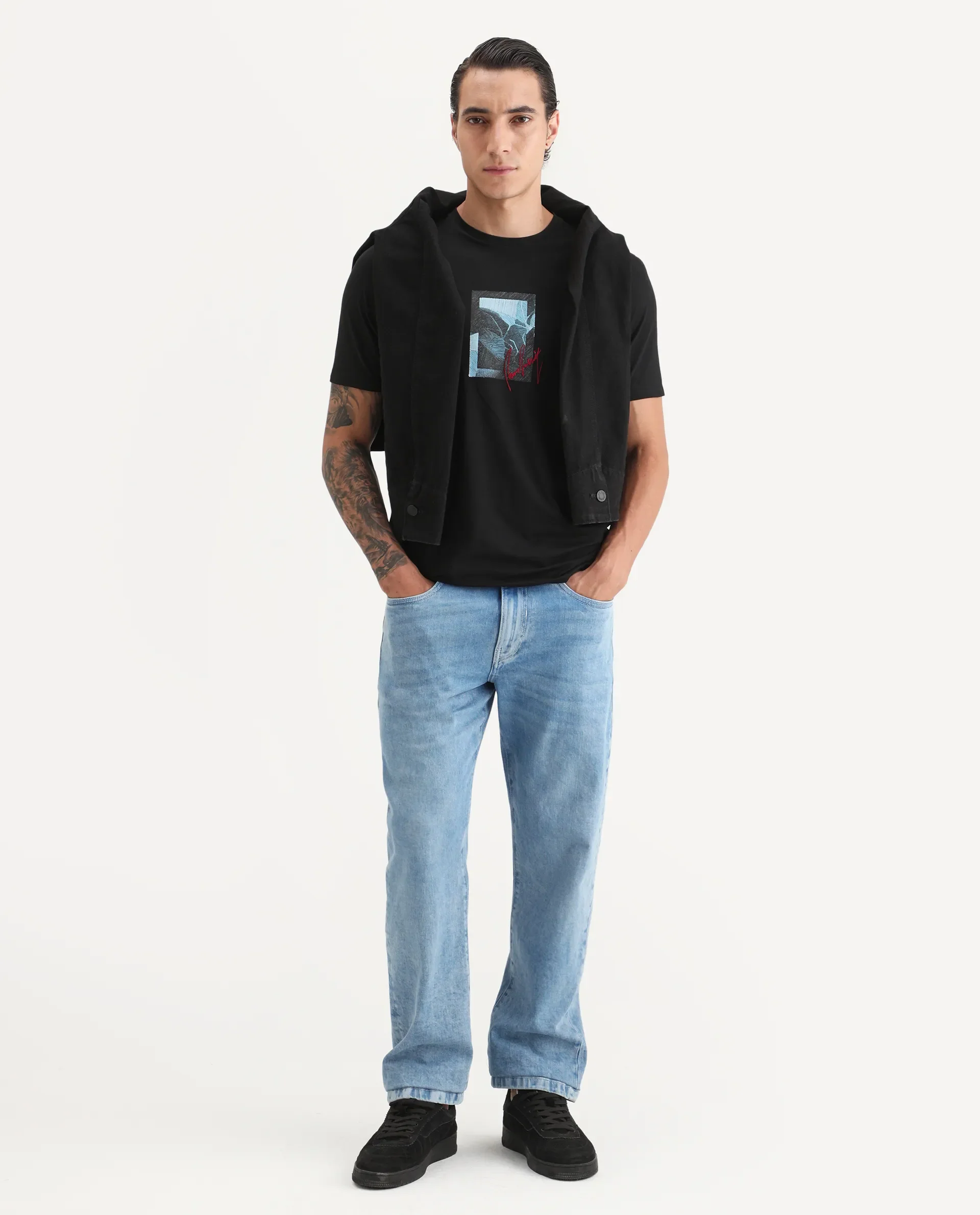 Rare Rabbit Men's Ekro Black Cotton Blend Fabric Short Sleeve Crew Neck Graphic Print T-Shirt - Image 2