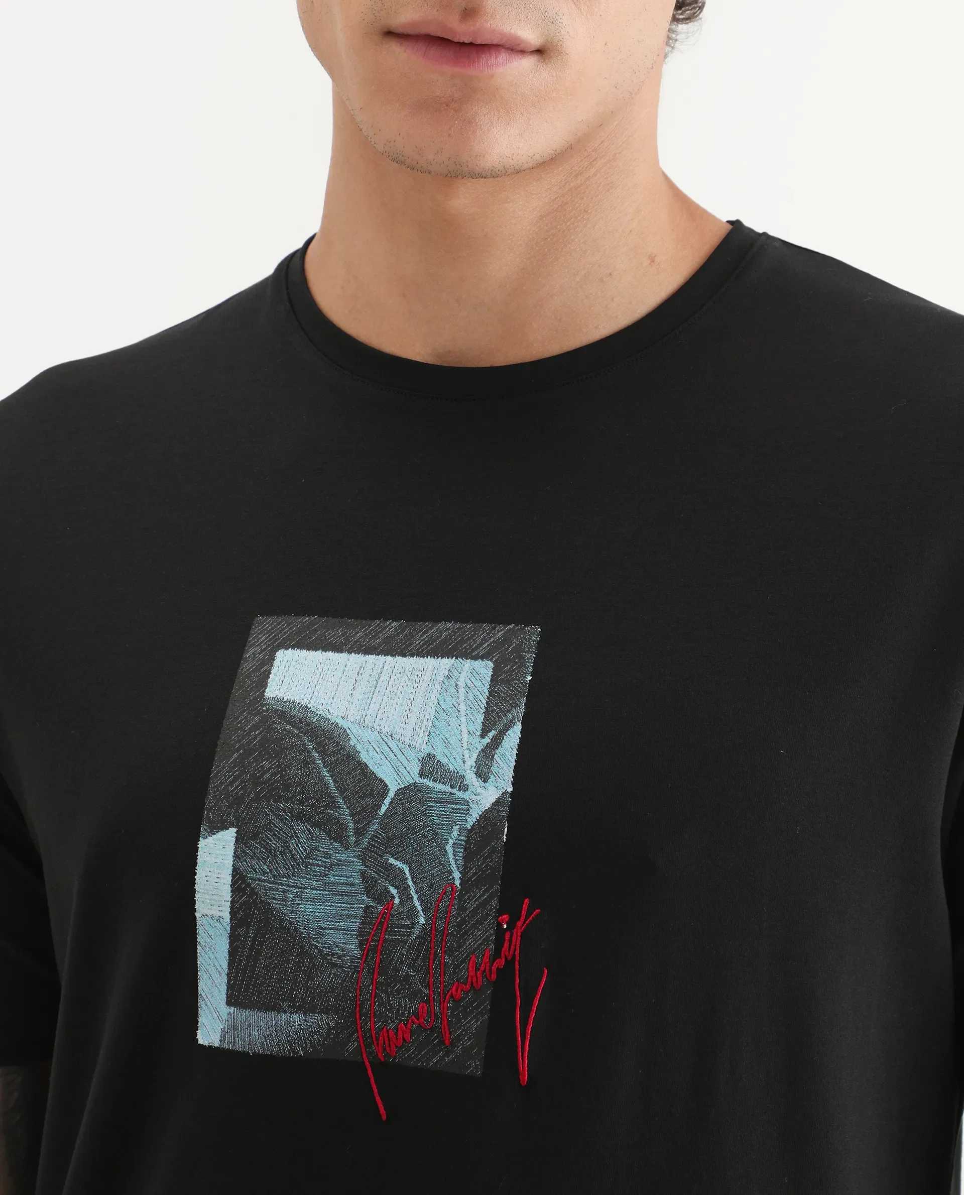Rare Rabbit Men's Ekro Black Cotton Blend Fabric Short Sleeve Crew Neck Graphic Print T-Shirt - Image 3