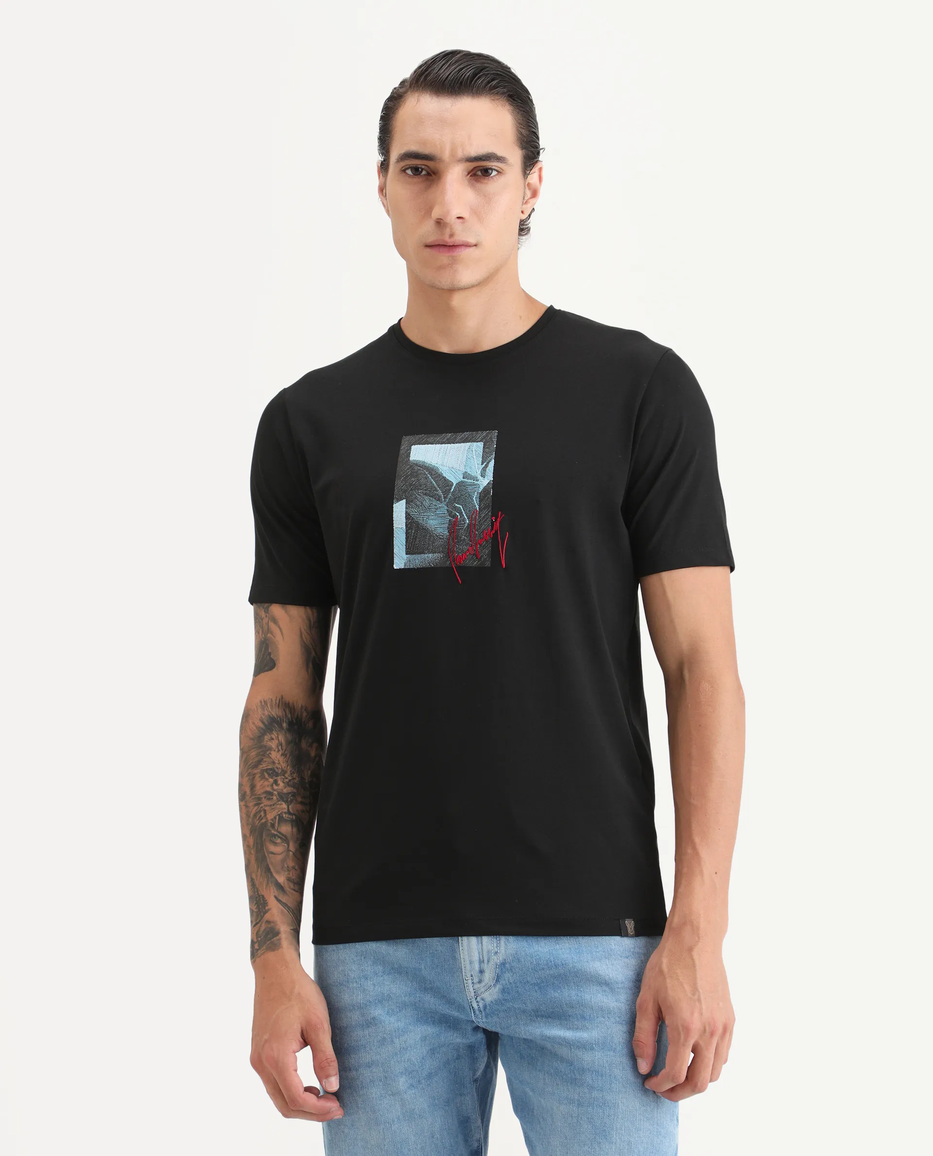 Rare Rabbit Men's Ekro Black Cotton Blend Fabric Short Sleeve Crew Neck Graphic Print T-Shirt - Image 4