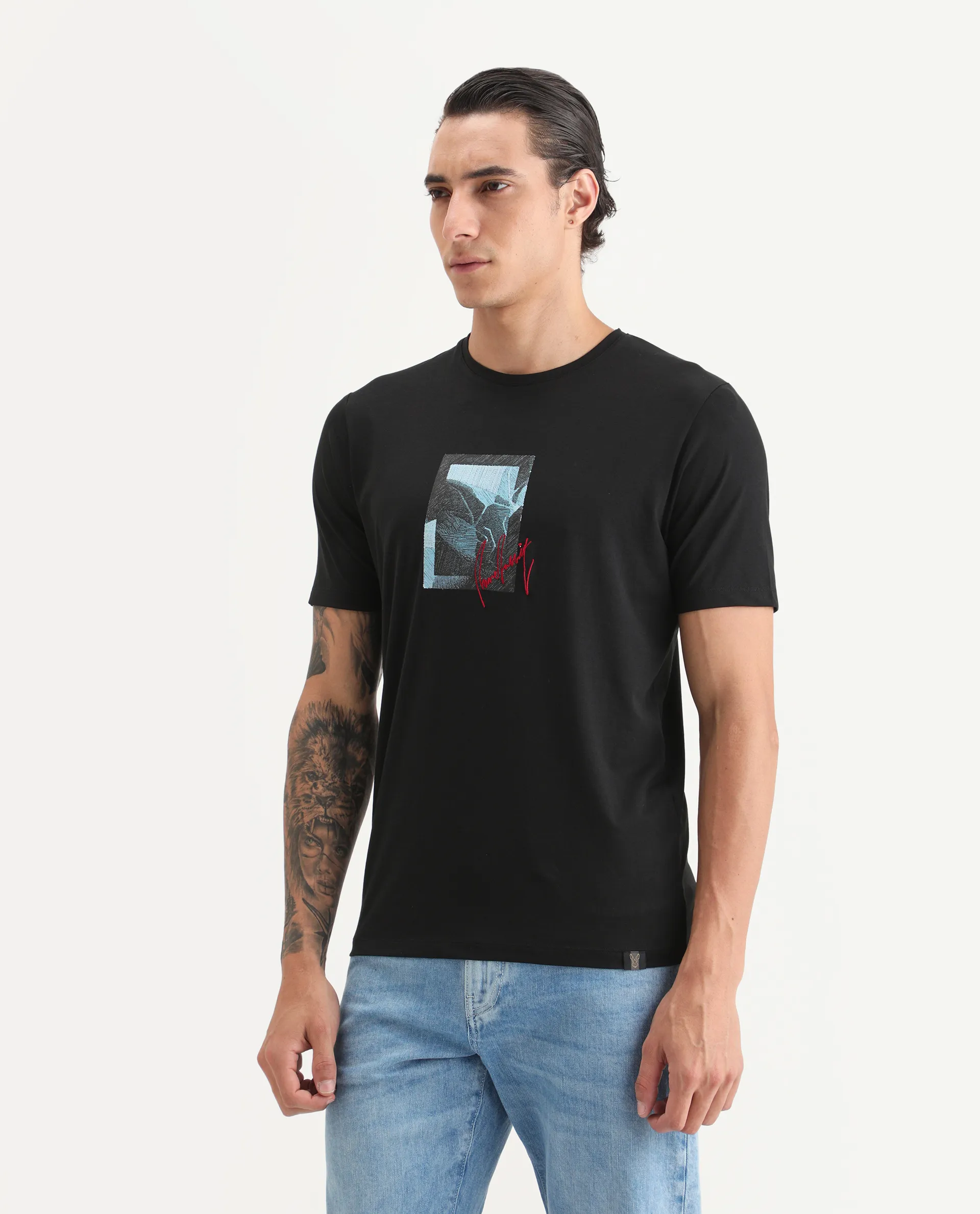 Rare Rabbit Men's Ekro Black Cotton Blend Fabric Short Sleeve Crew Neck Graphic Print T-Shirt - Image 5