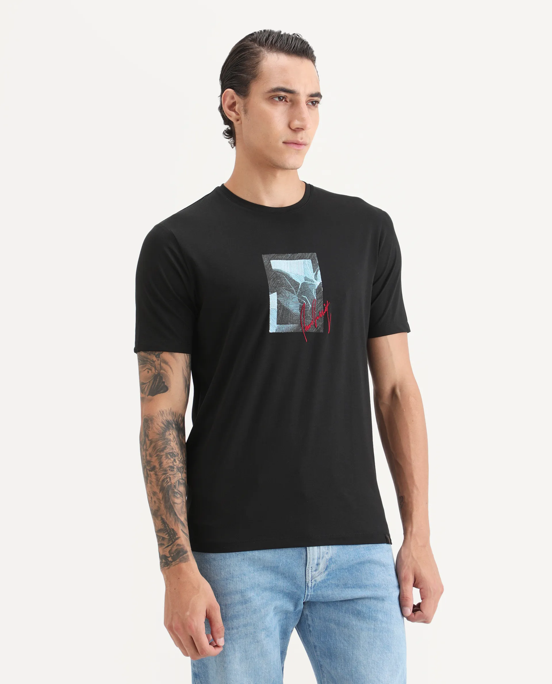 Rare Rabbit Men's Ekro Black Cotton Blend Fabric Short Sleeve Crew Neck Graphic Print T-Shirt - Image 6