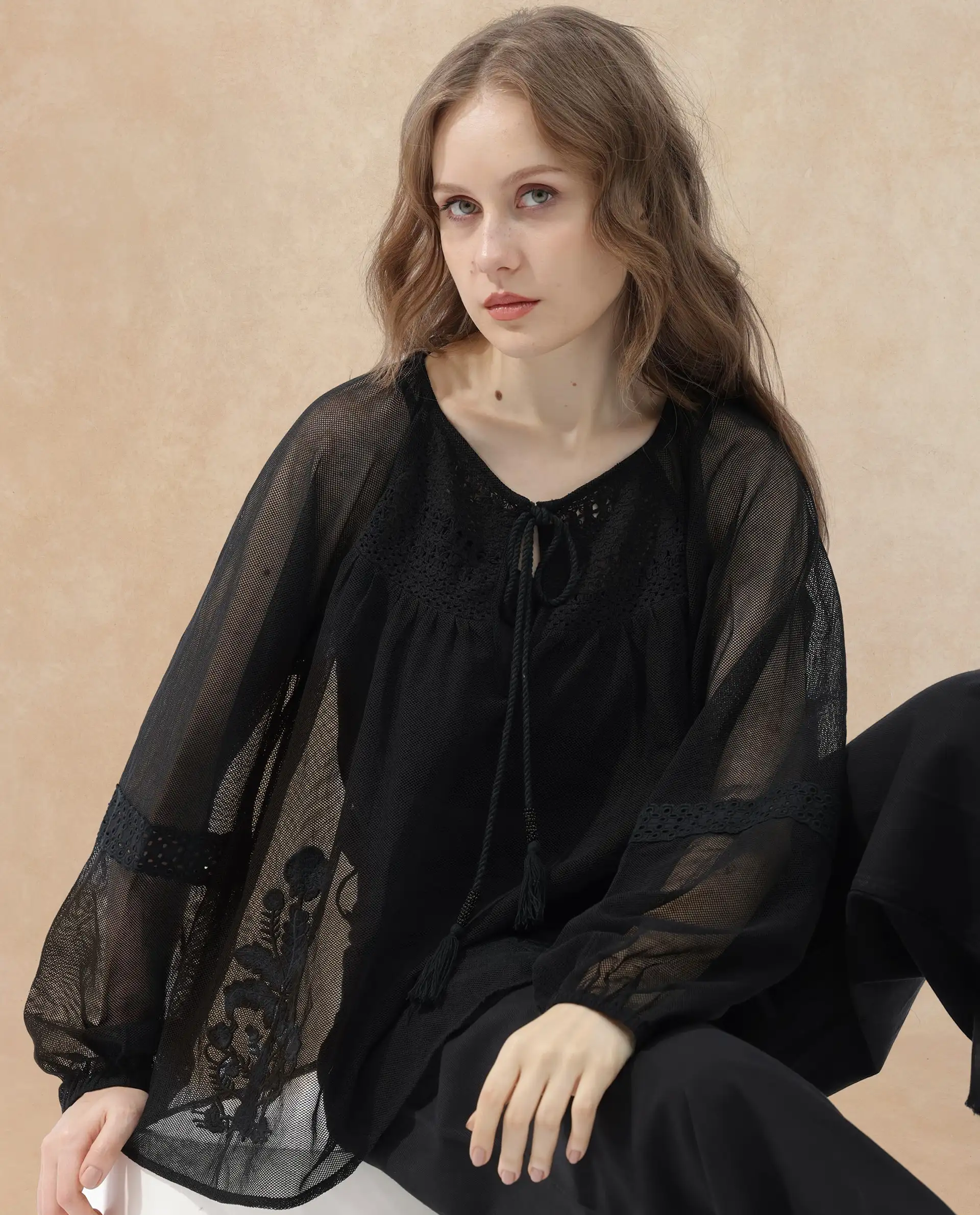 Rareism Women's Ela Black Tie-Up Neck Plain Raglan Sleeve Relaxed Fit Top