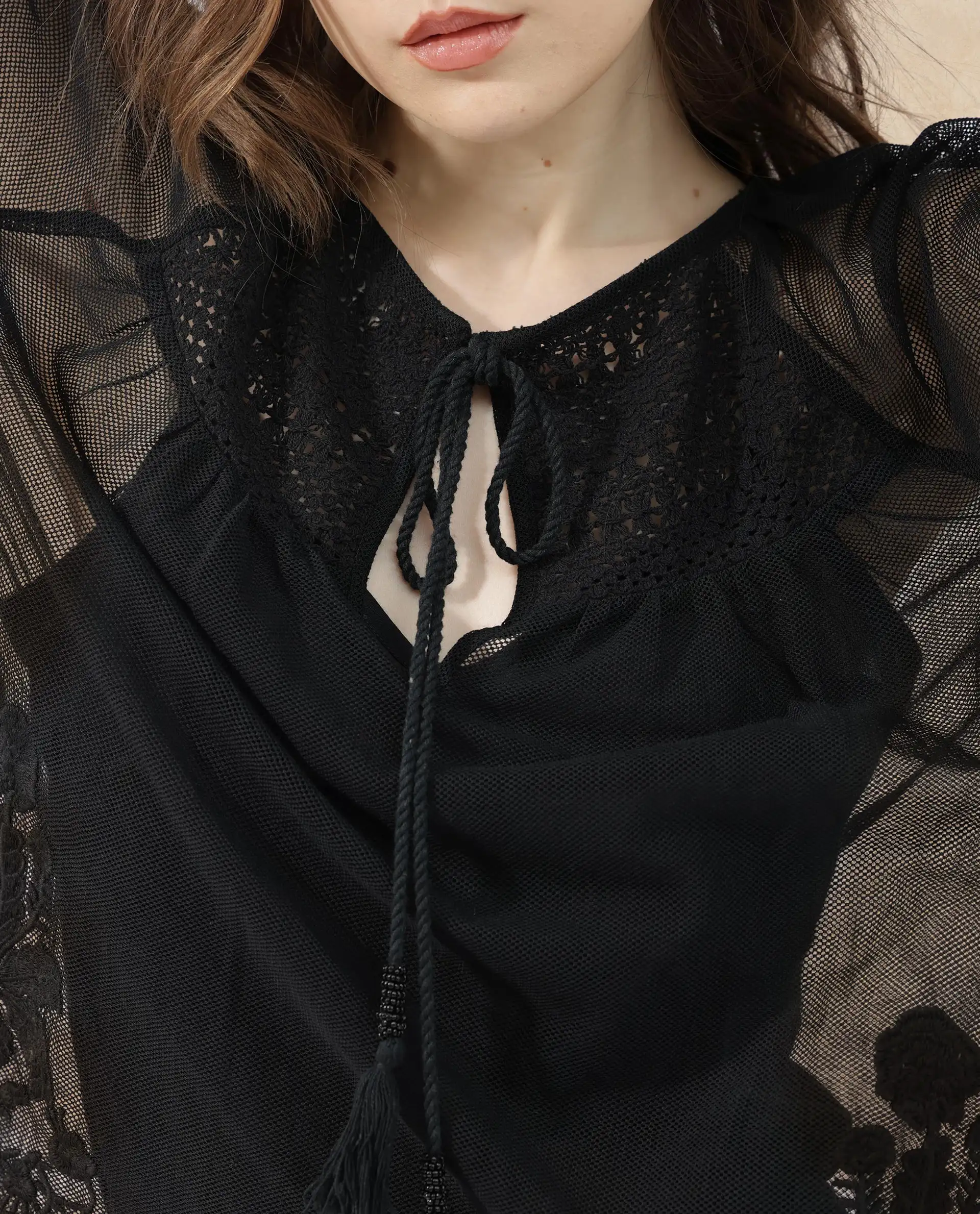 Rareism Women's Ela Black Tie-Up Neck Plain Raglan Sleeve Relaxed Fit Top - Image 2