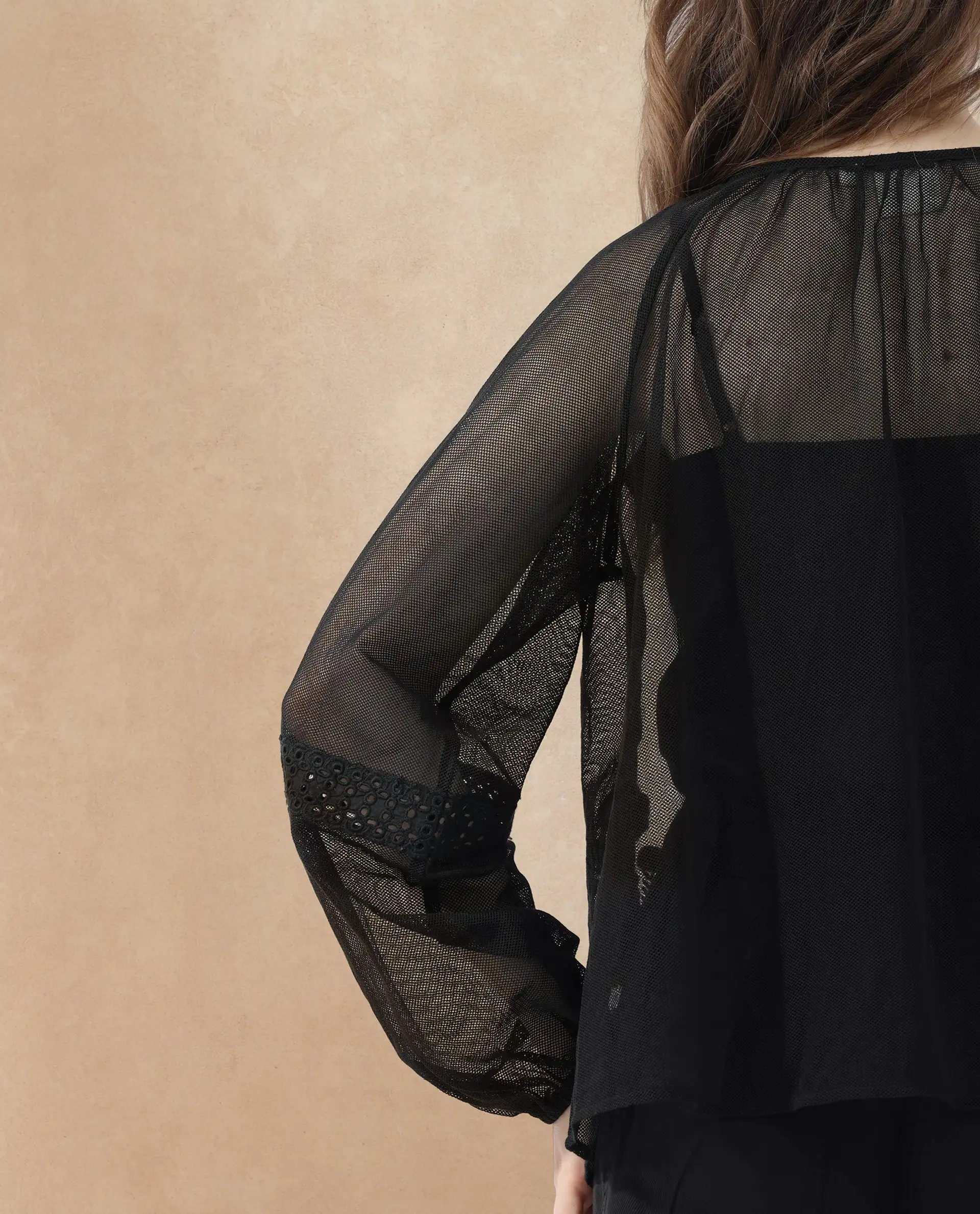 Rareism Women's Ela Black Tie-Up Neck Plain Raglan Sleeve Relaxed Fit Top - Image 3