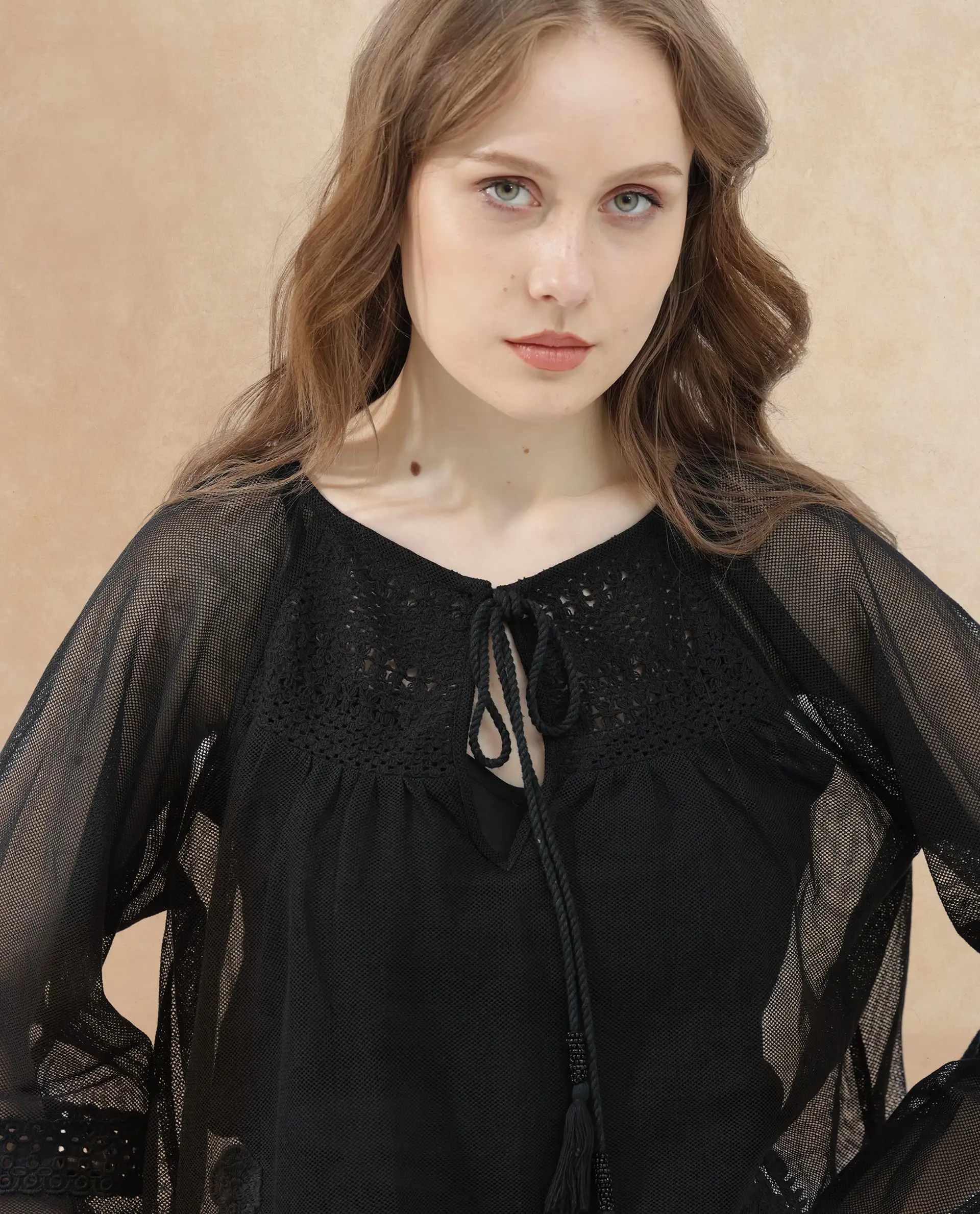 Rareism Women's Ela Black Tie-Up Neck Plain Raglan Sleeve Relaxed Fit Top - Image 4
