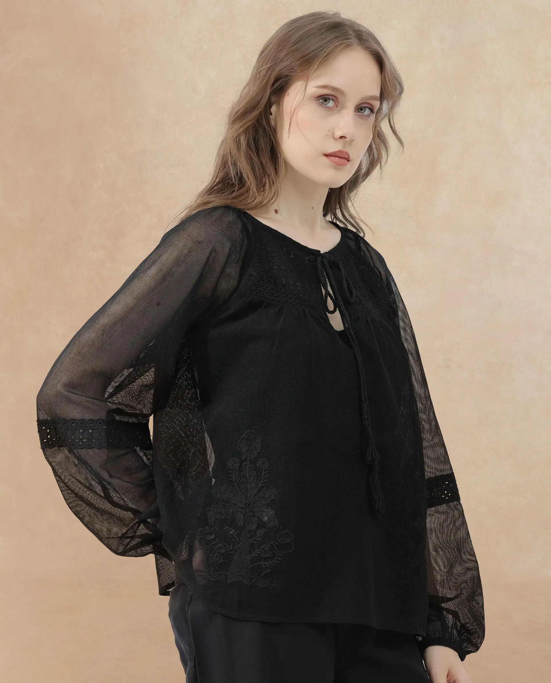 Rareism Women's Ela Black Tie-Up Neck Plain Raglan Sleeve Relaxed Fit Top - Image 5