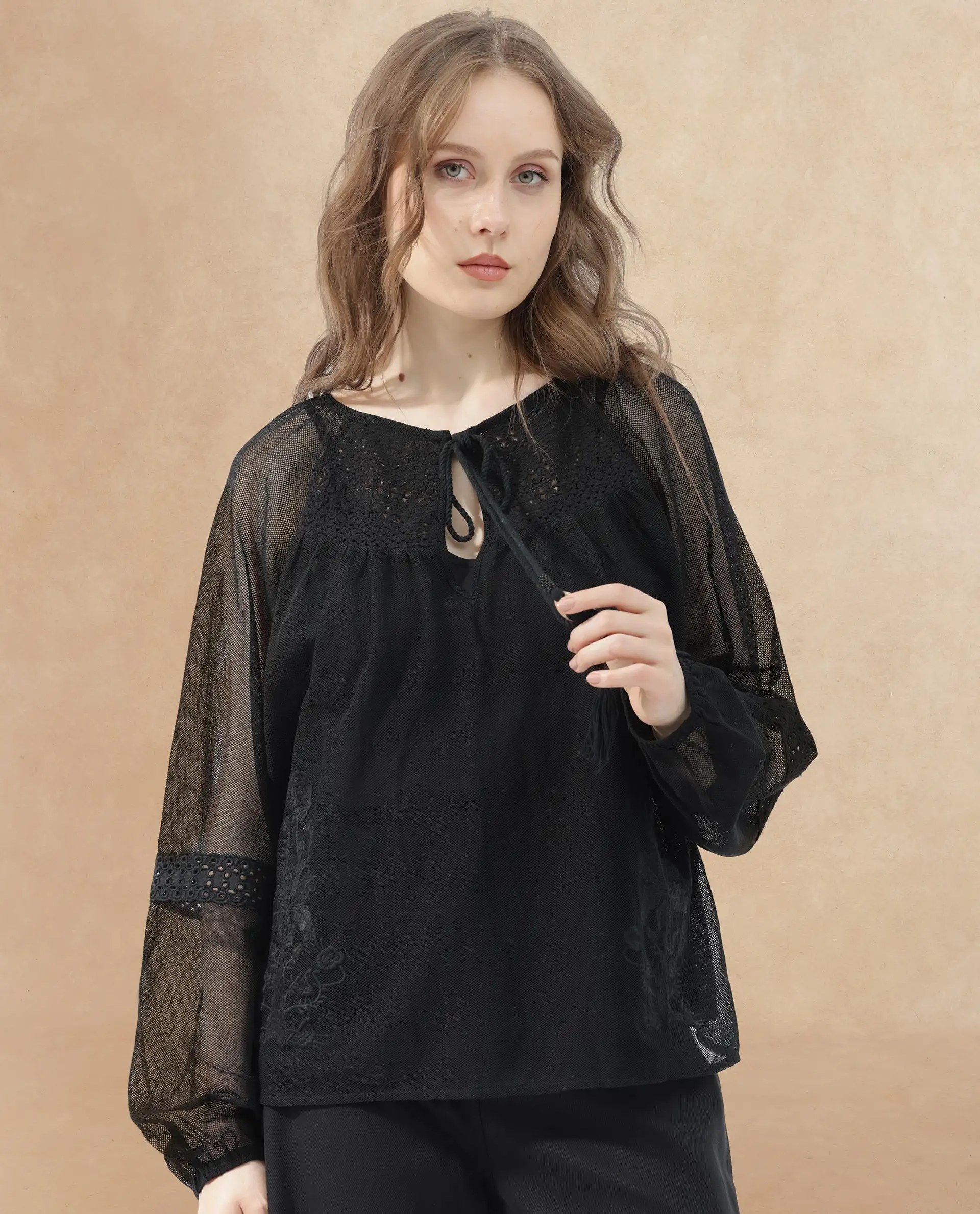 Rareism Women's Ela Black Tie-Up Neck Plain Raglan Sleeve Relaxed Fit Top - Image 6
