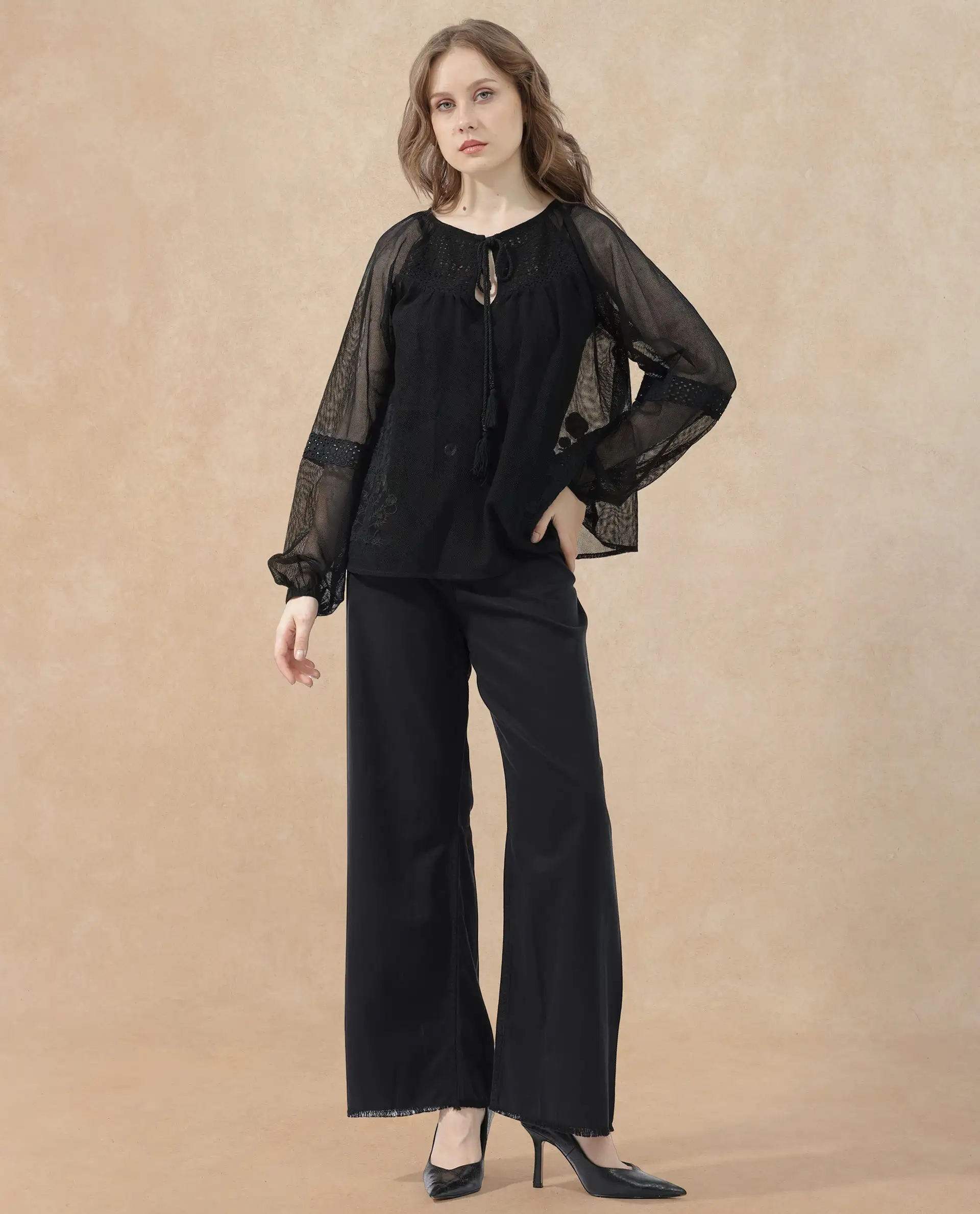 Rareism Women's Ela Black Tie-Up Neck Plain Raglan Sleeve Relaxed Fit Top - Image 9