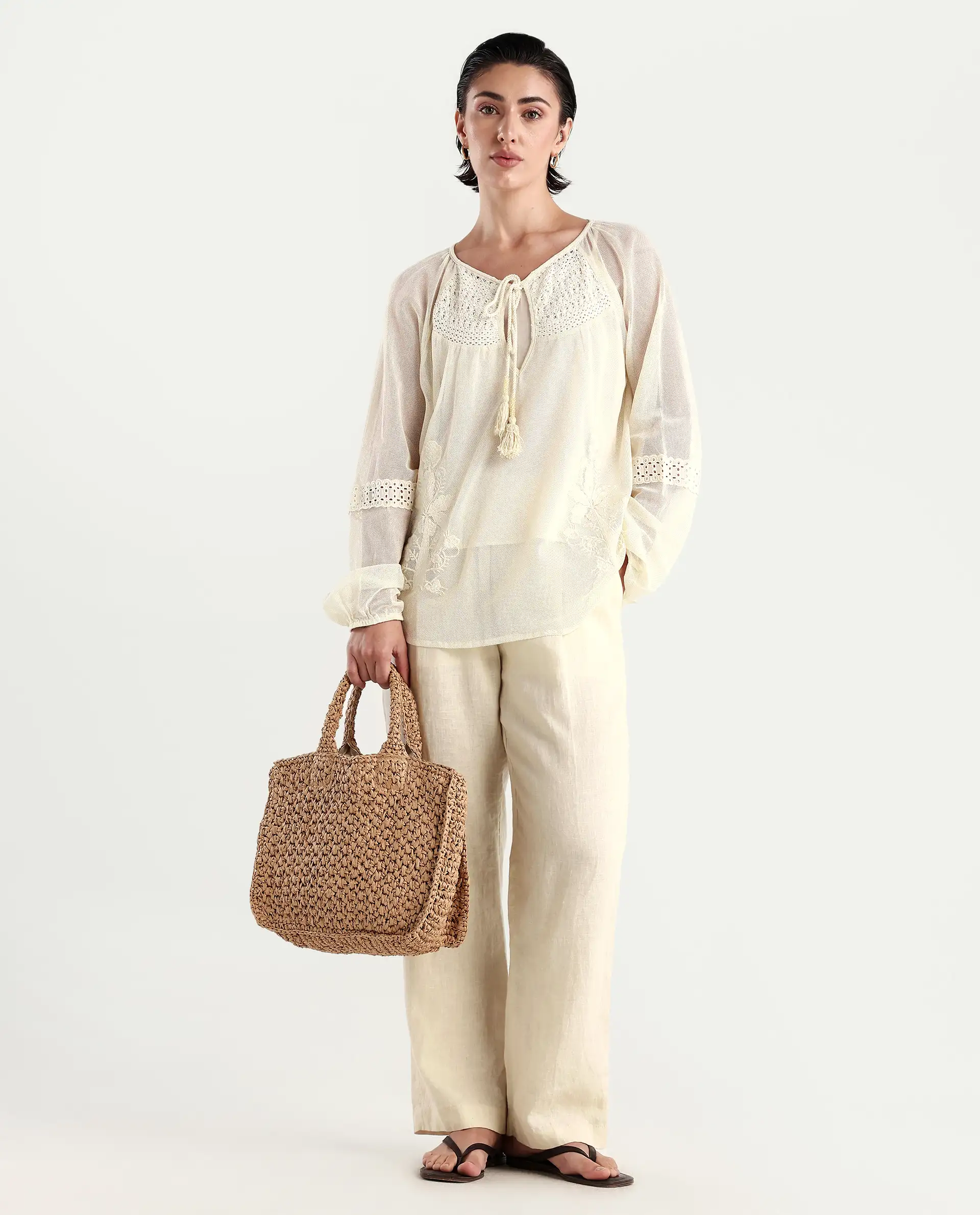 Rareism Women's Ela Light Beige Tie-Up Neck Plain Raglan Sleeve Relaxed Fit Top - Image 2