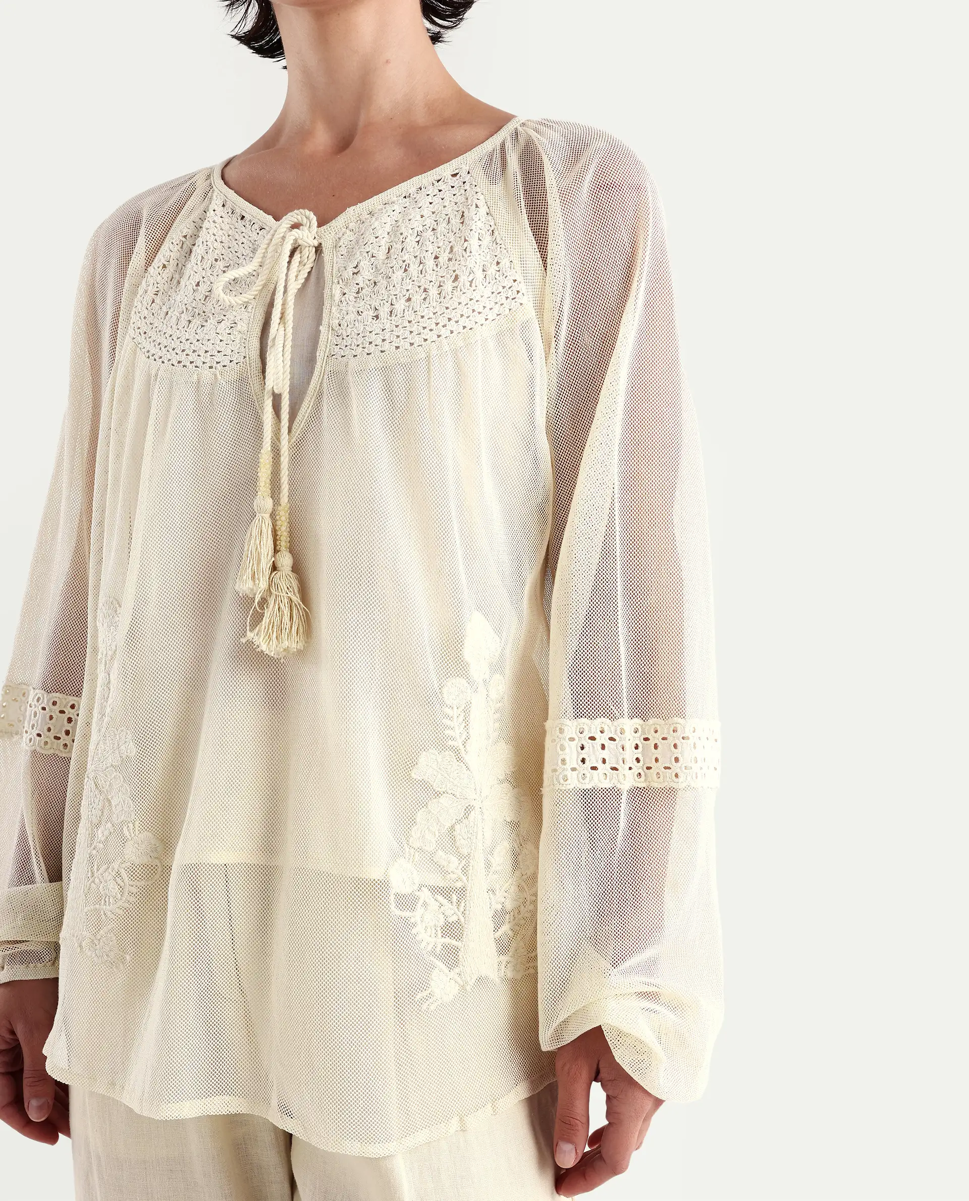 Rareism Women's Ela Light Beige Tie-Up Neck Plain Raglan Sleeve Relaxed Fit Top - Image 3