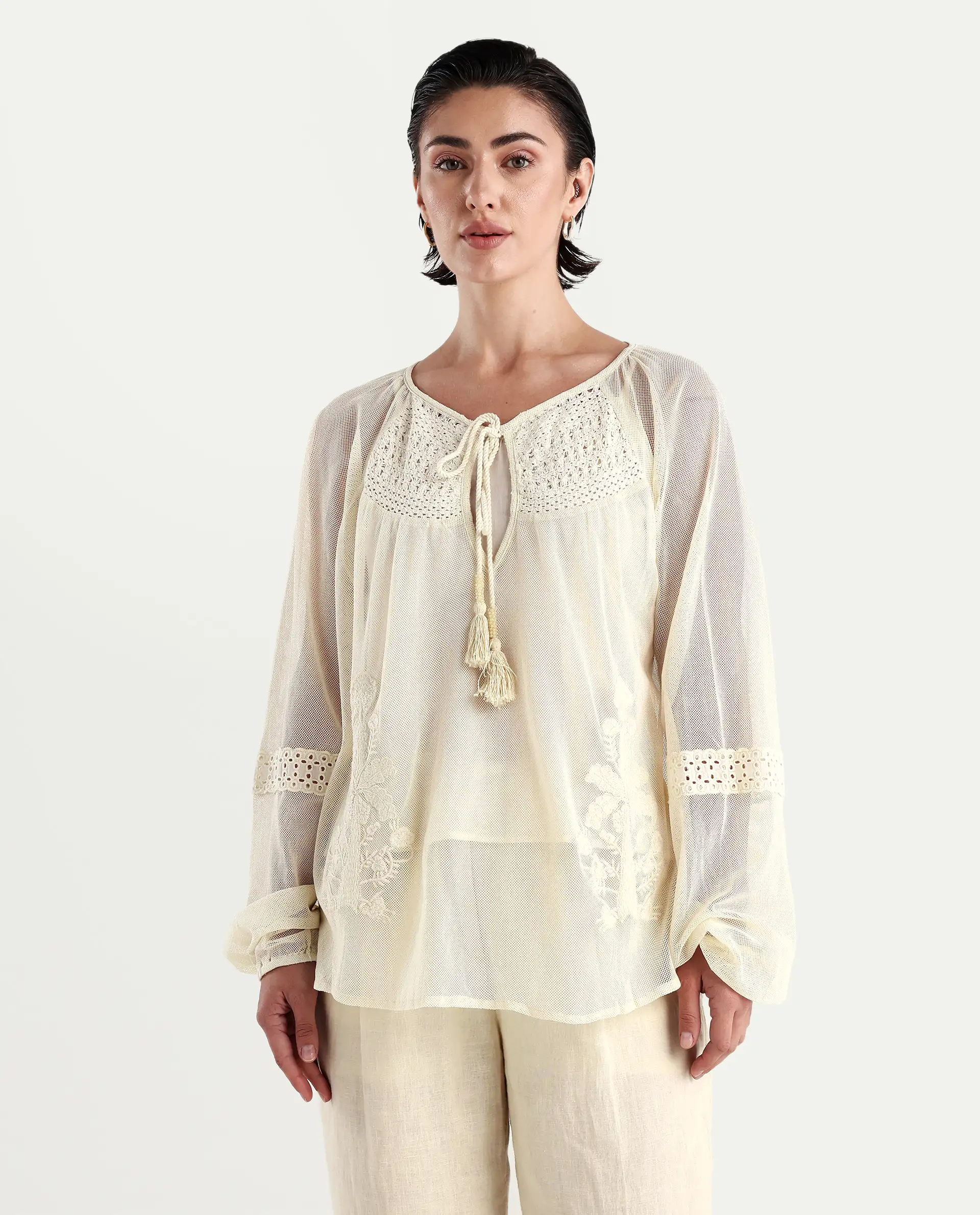 Rareism Women's Ela Light Beige Tie-Up Neck Plain Raglan Sleeve Relaxed Fit Top - Image 4