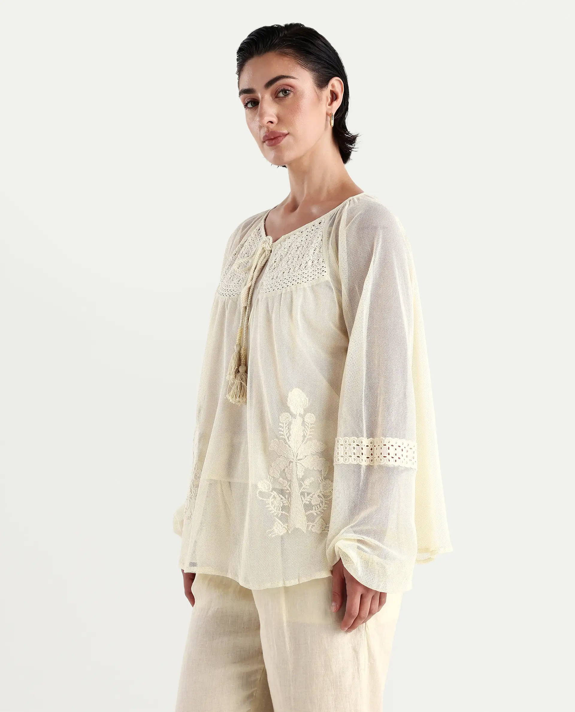 Rareism Women's Ela Light Beige Tie-Up Neck Plain Raglan Sleeve Relaxed Fit Top - Image 5
