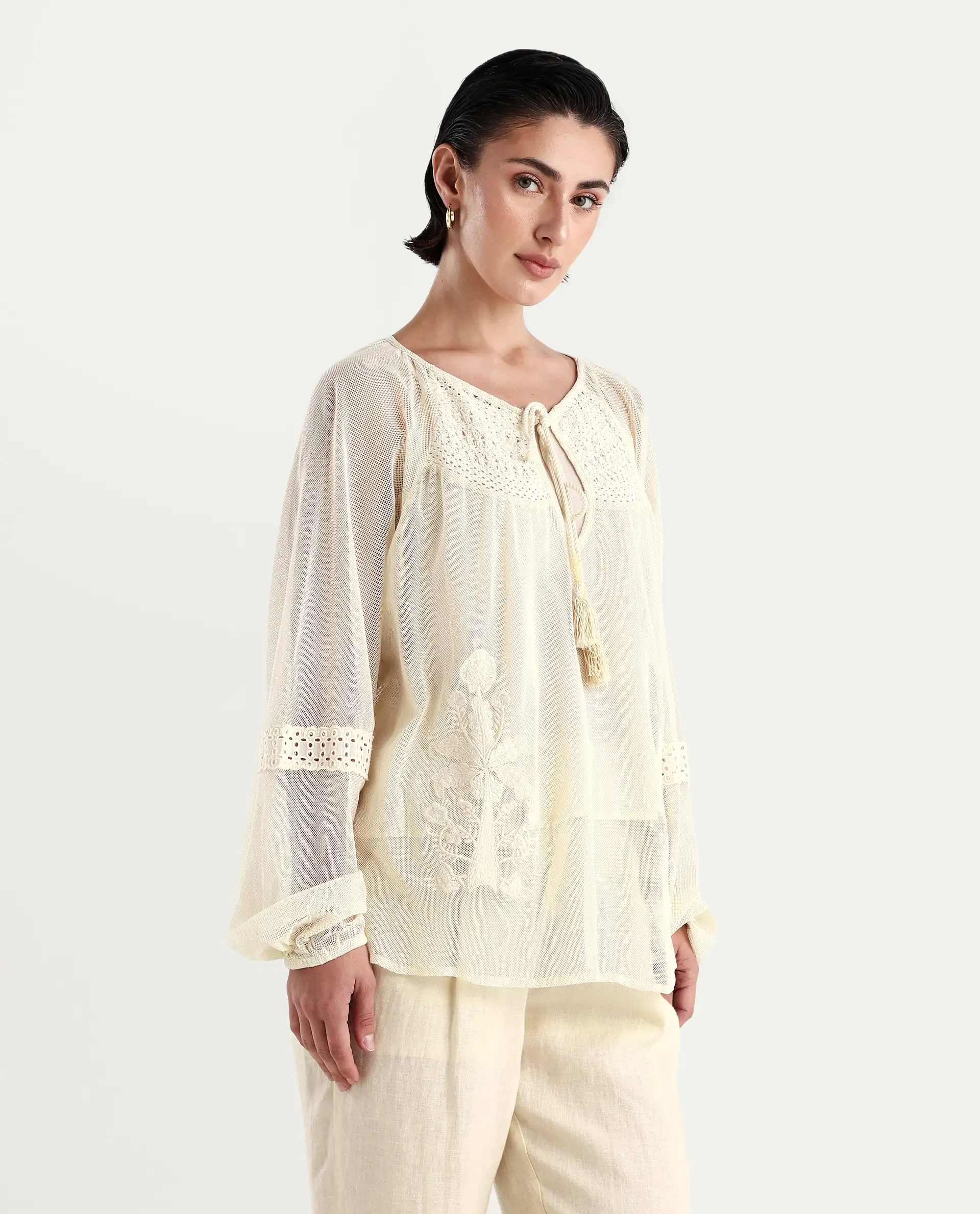 Rareism Women's Ela Light Beige Tie-Up Neck Plain Raglan Sleeve Relaxed Fit Top - Image 6