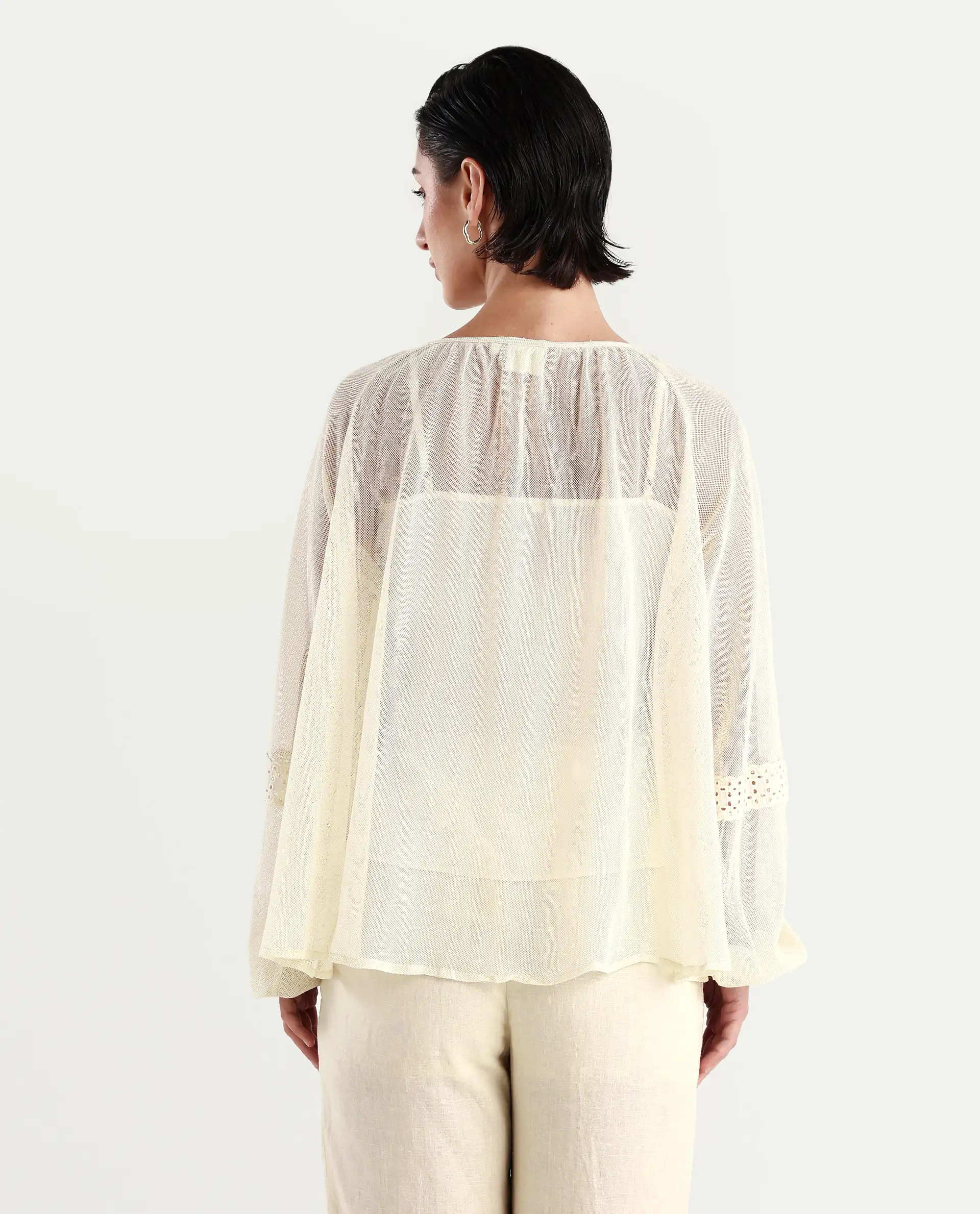 Rareism Women's Ela Light Beige Tie-Up Neck Plain Raglan Sleeve Relaxed Fit Top - Image 7