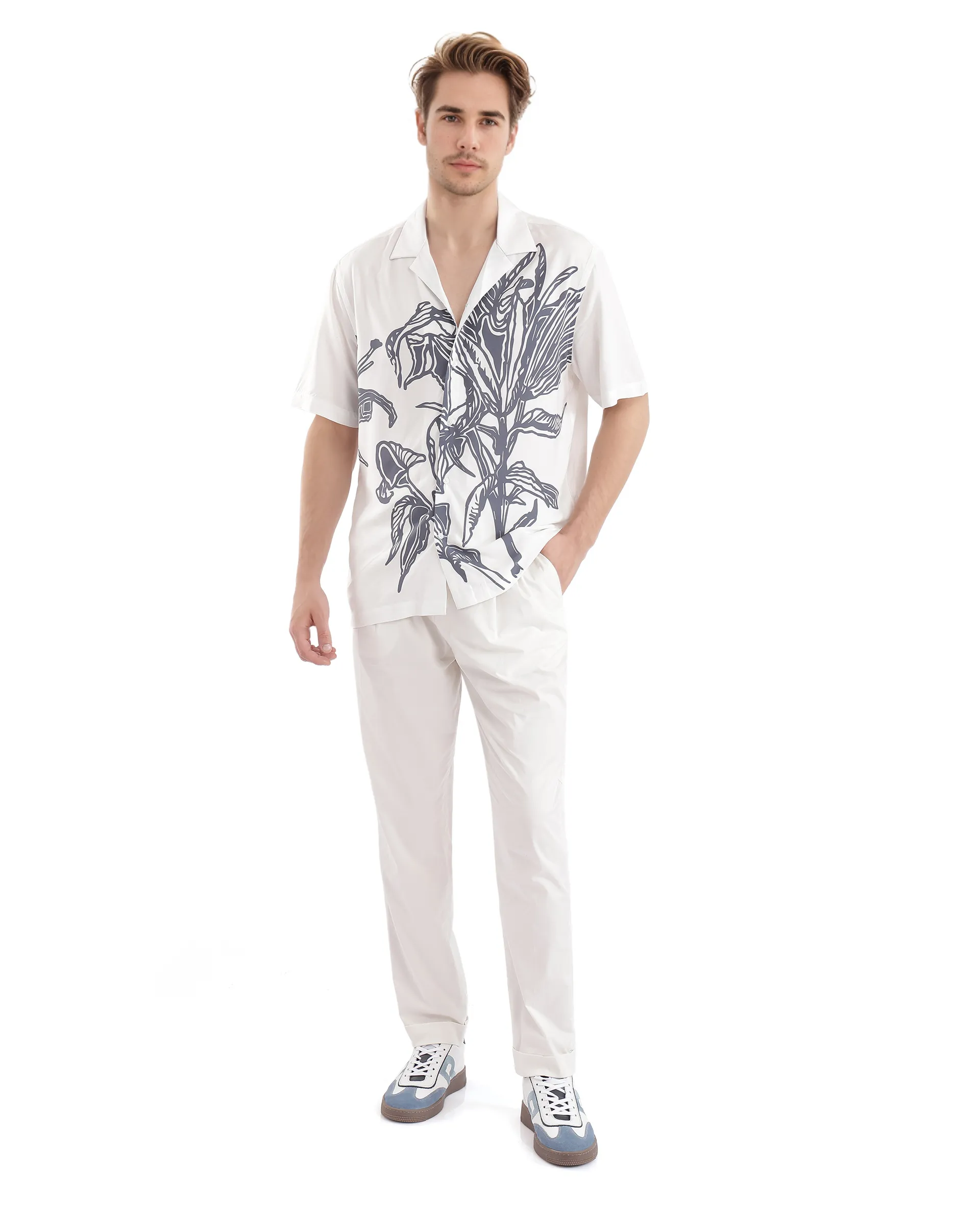 Rare Rabbit Men's Elan White Cotton Floral Print Boxy Fit Half Sleeve Cuban Collar Shirt - Image 2