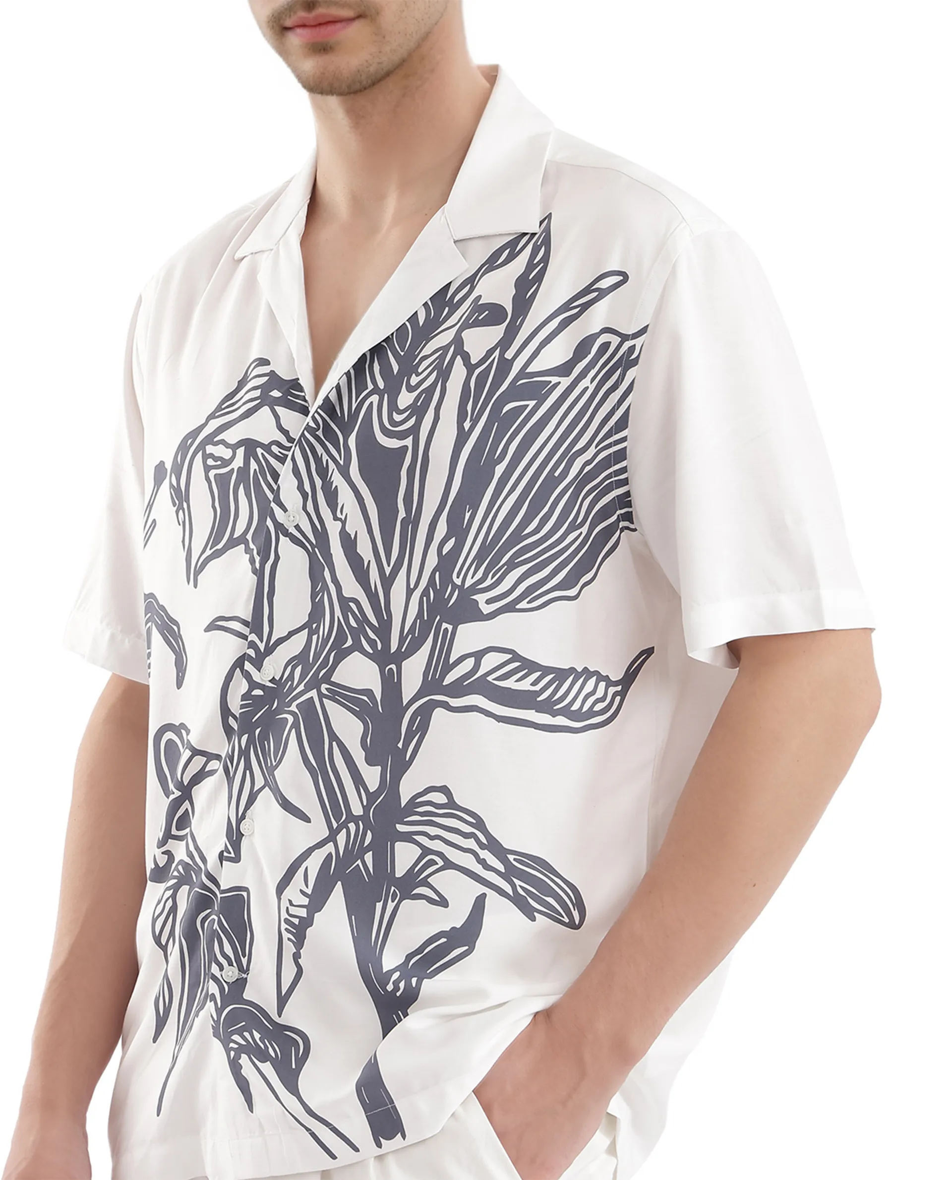 Rare Rabbit Men's Elan White Cotton Floral Print Boxy Fit Half Sleeve Cuban Collar Shirt - Image 3