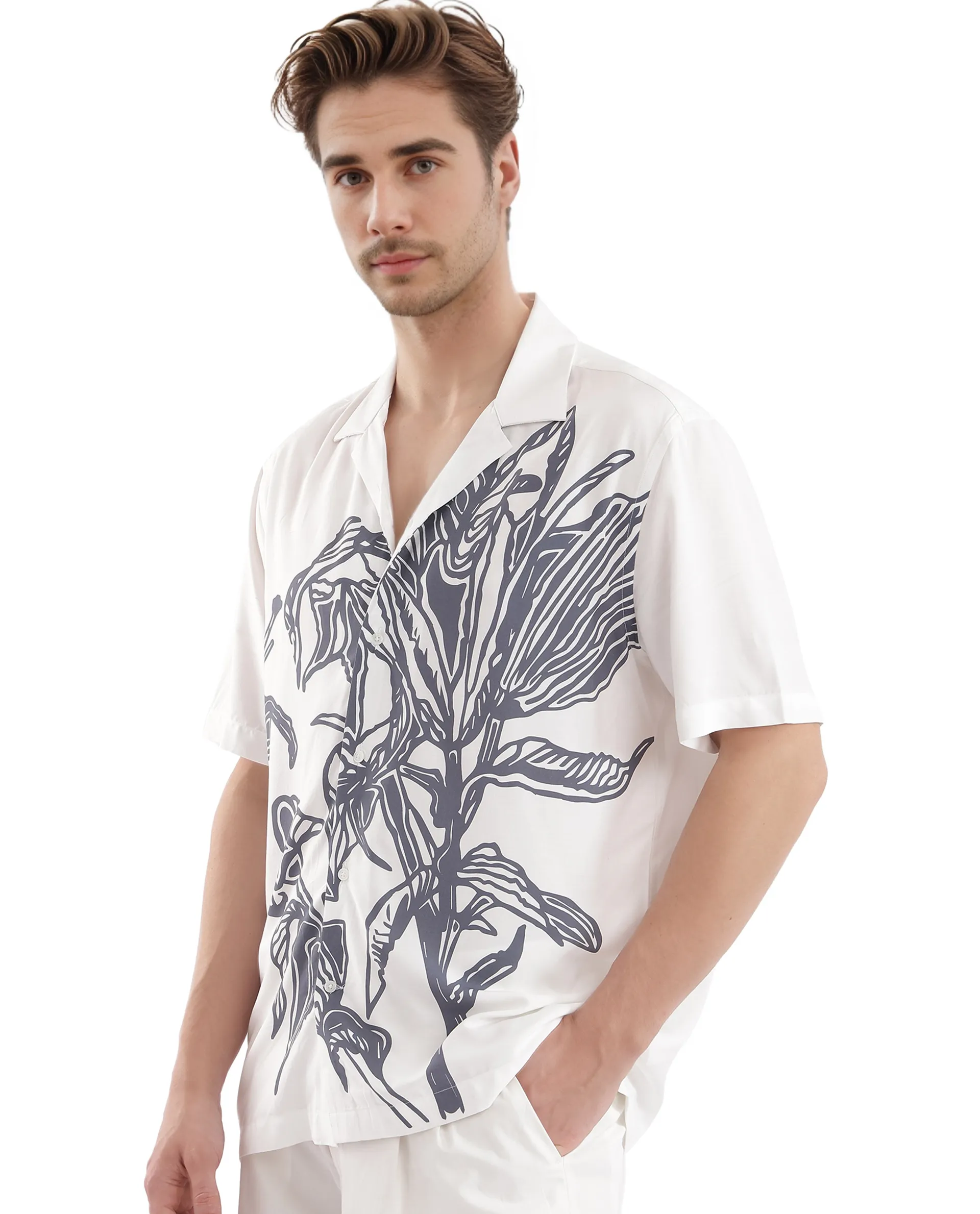 Rare Rabbit Men's Elan White Cotton Floral Print Boxy Fit Half Sleeve Cuban Collar Shirt - Image 5