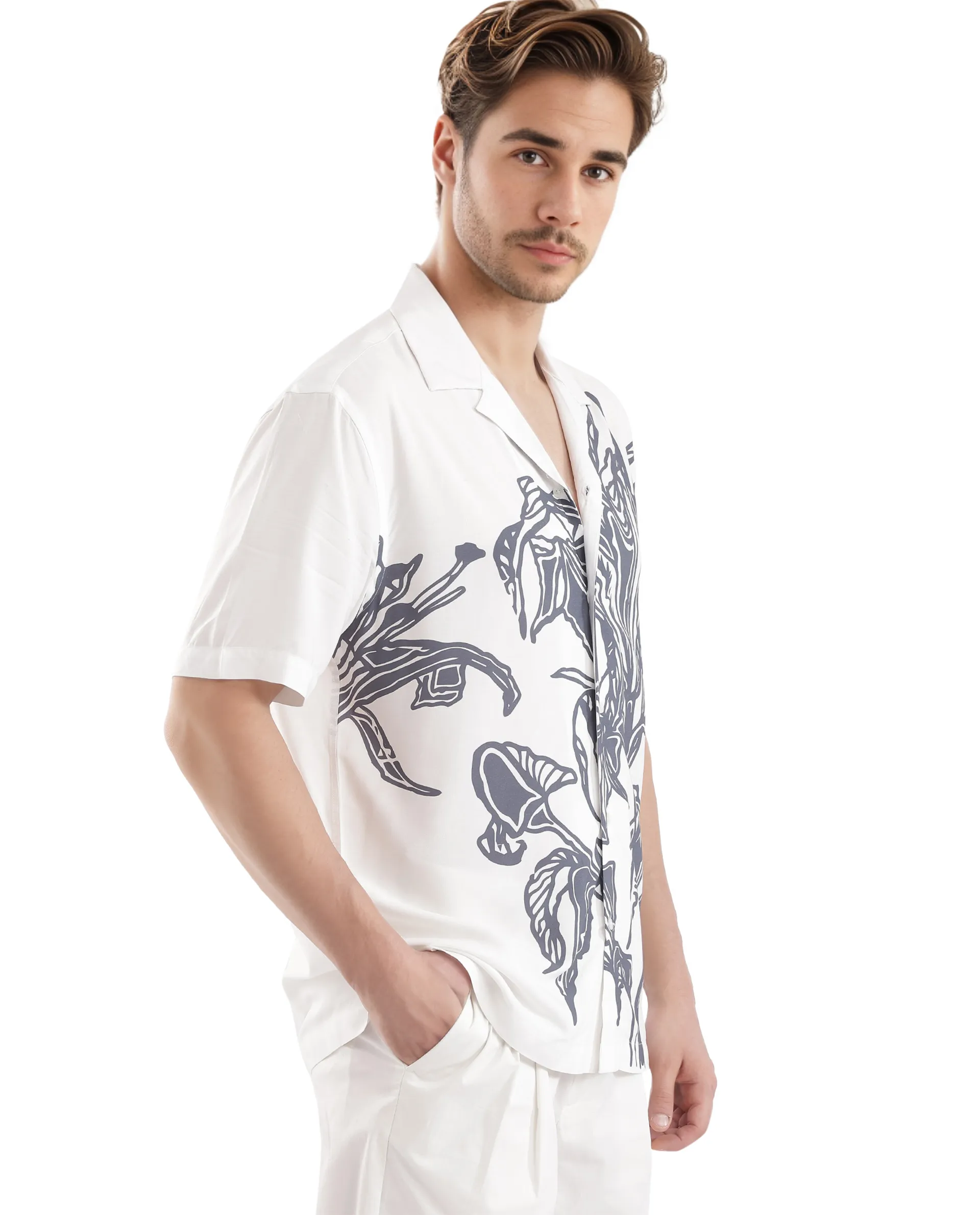 Rare Rabbit Men's Elan White Cotton Floral Print Boxy Fit Half Sleeve Cuban Collar Shirt - Image 6