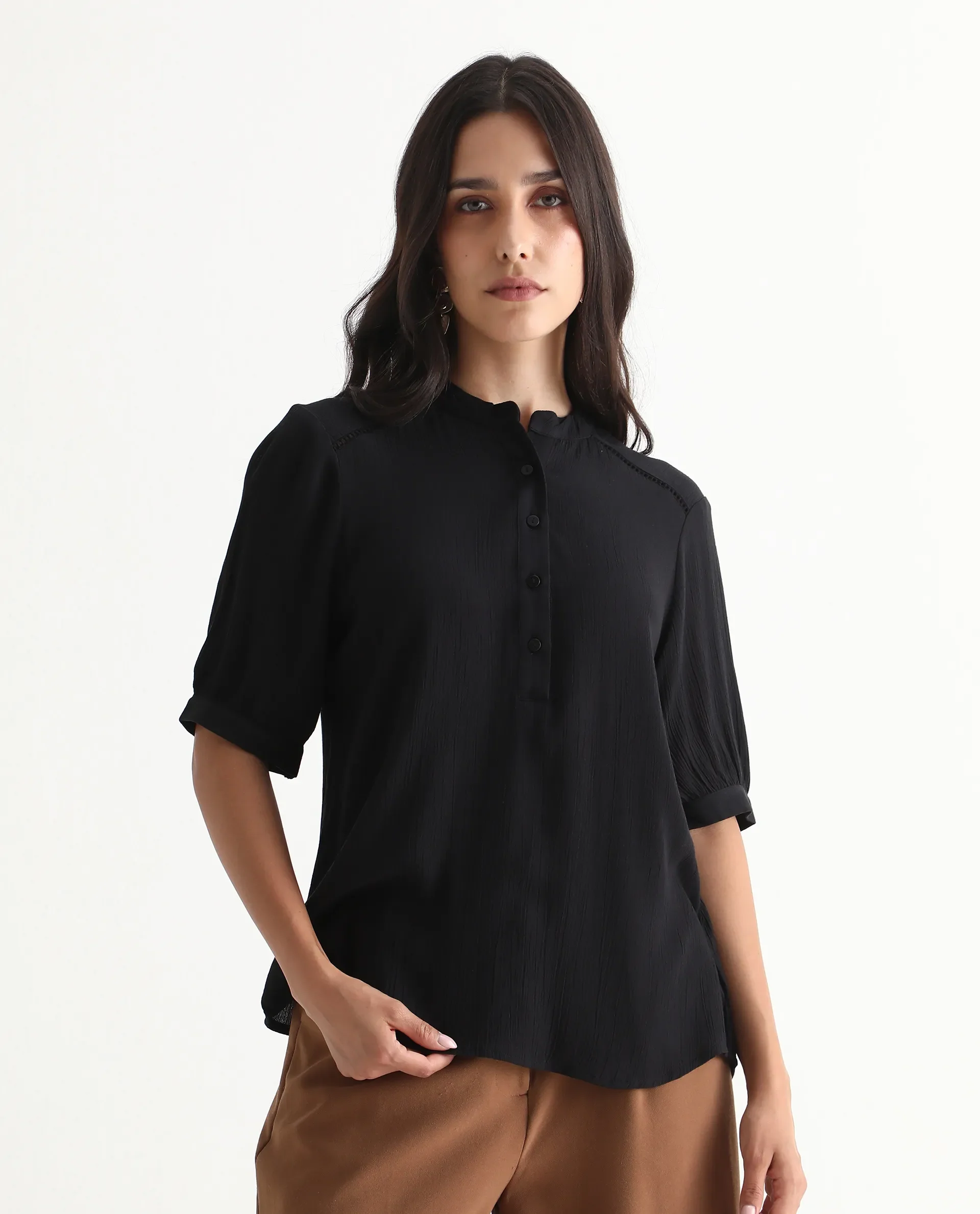 Rareism Women's Elane Black 100% Viscose Bishop Sleeve Mandarin Collar Regular Fit Plain Top - Image 3