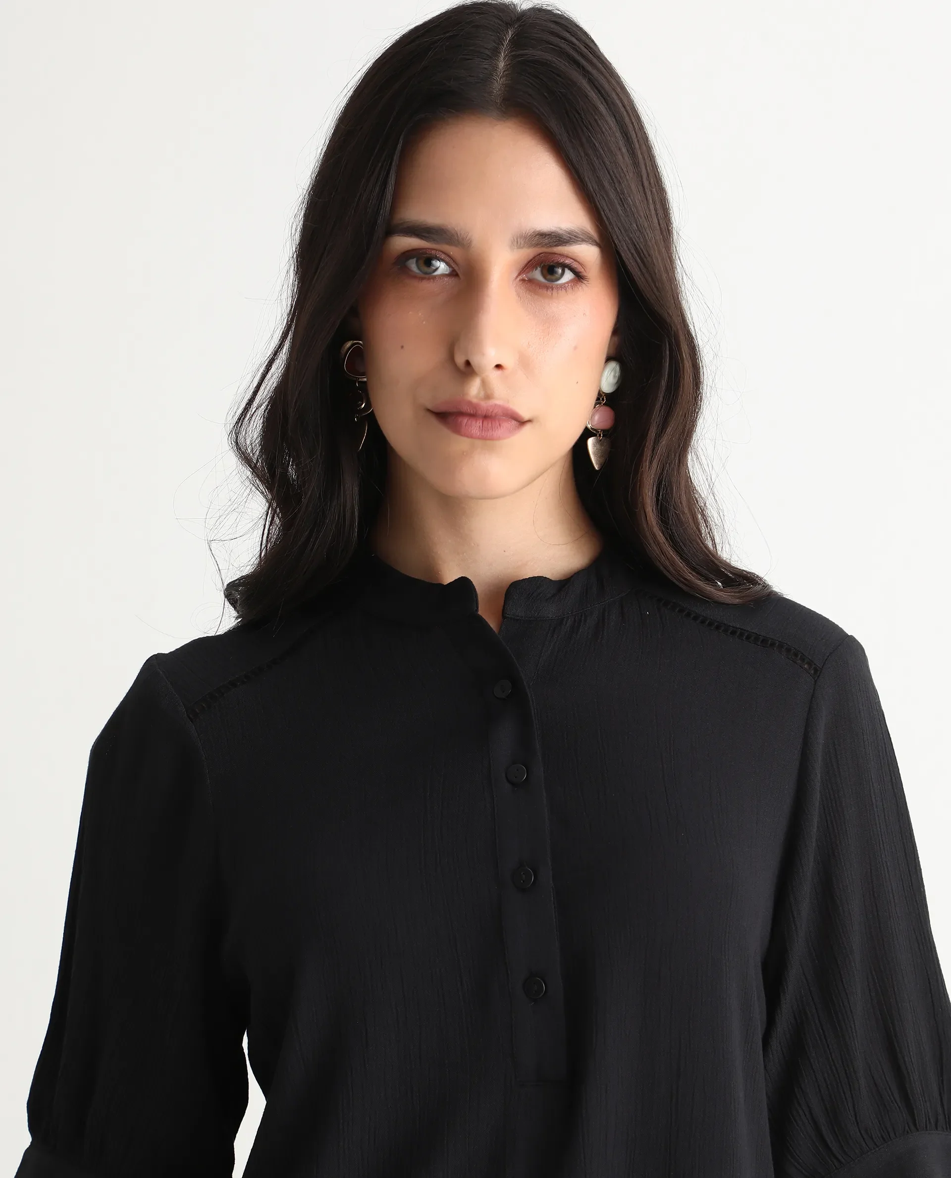 Rareism Women's Elane Black 100% Viscose Bishop Sleeve Mandarin Collar Regular Fit Plain Top - Image 4