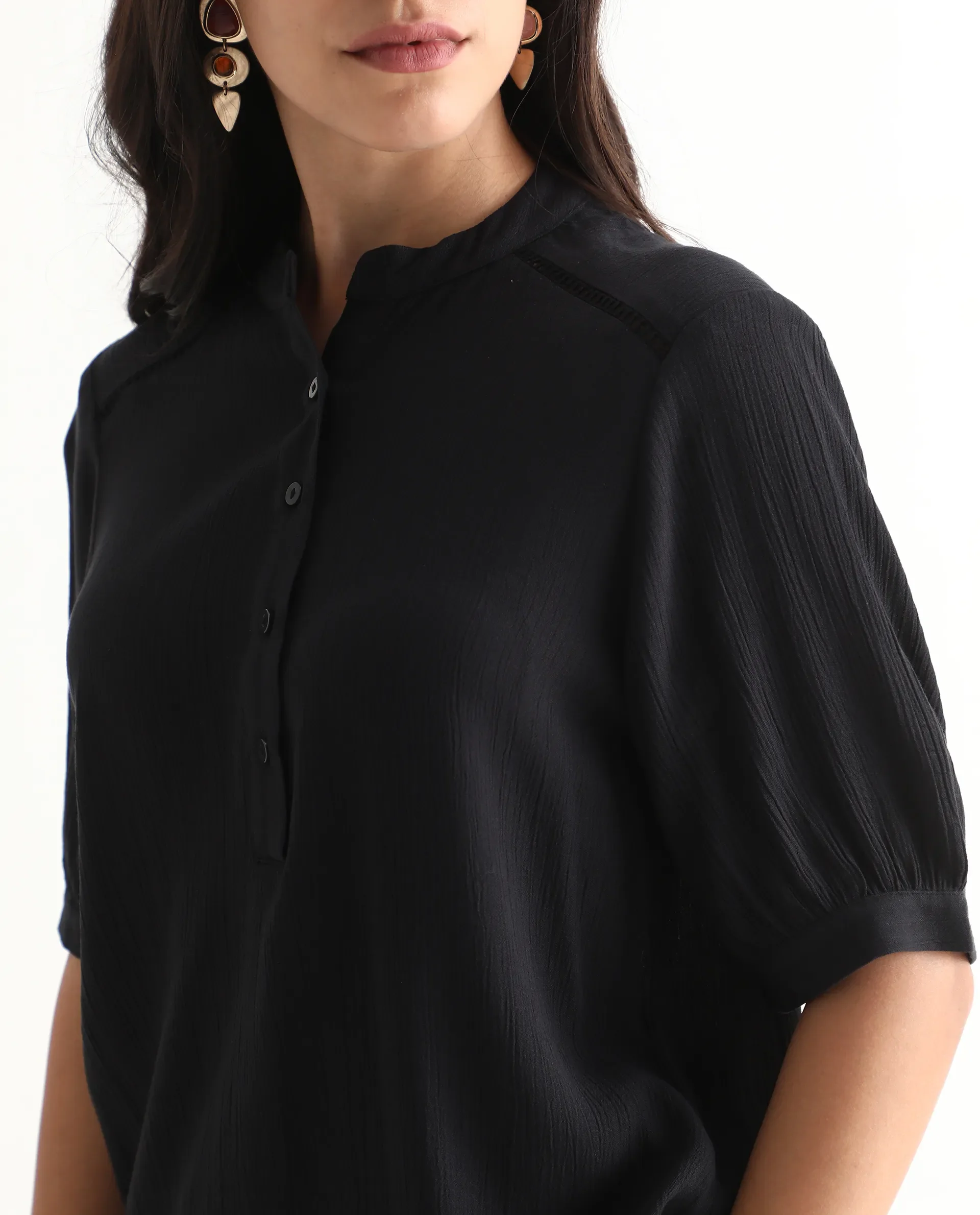 Rareism Women's Elane Black 100% Viscose Bishop Sleeve Mandarin Collar Regular Fit Plain Top - Image 5