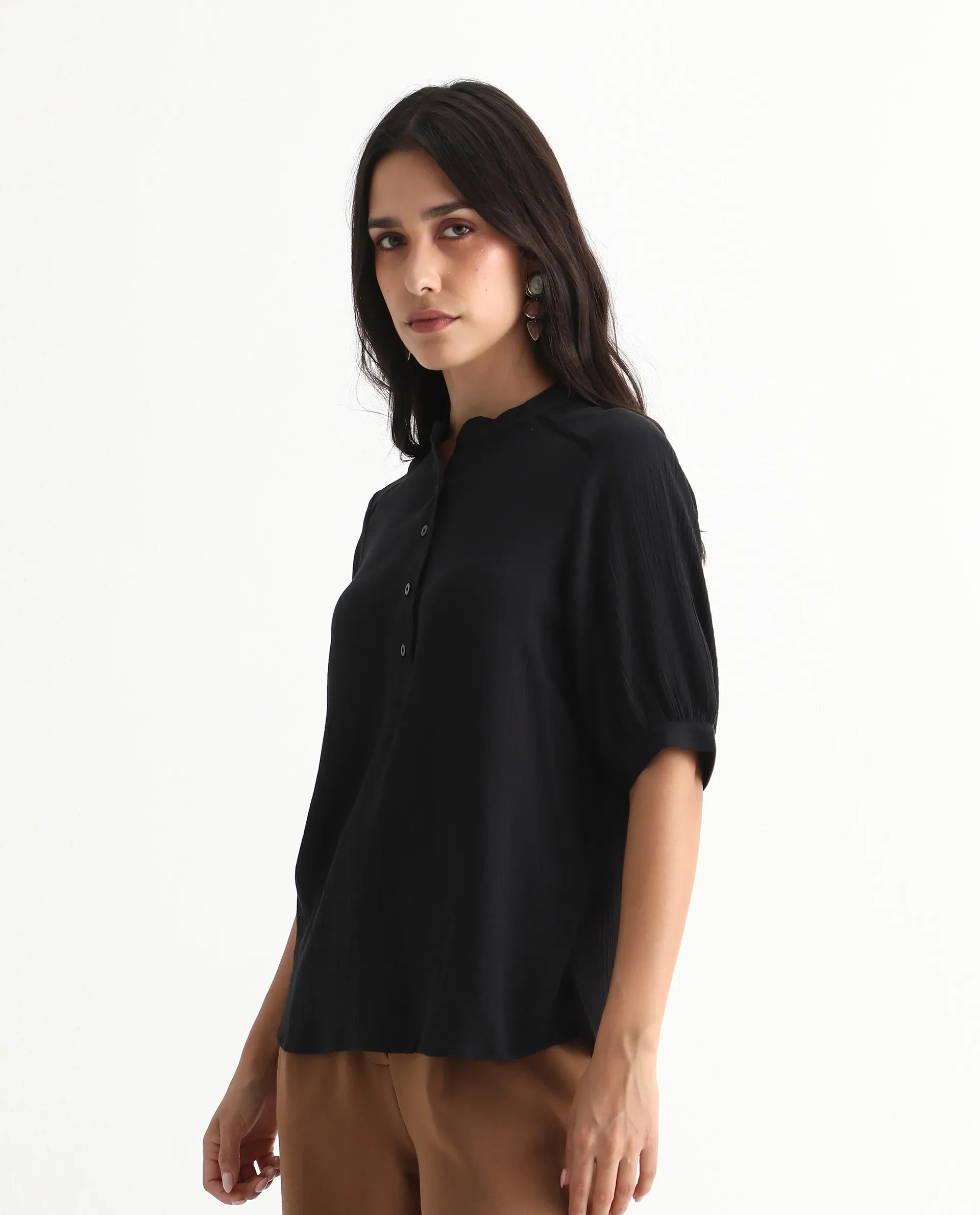 Rareism Women's Elane Black 100% Viscose Bishop Sleeve Mandarin Collar Regular Fit Plain Top - Image 6