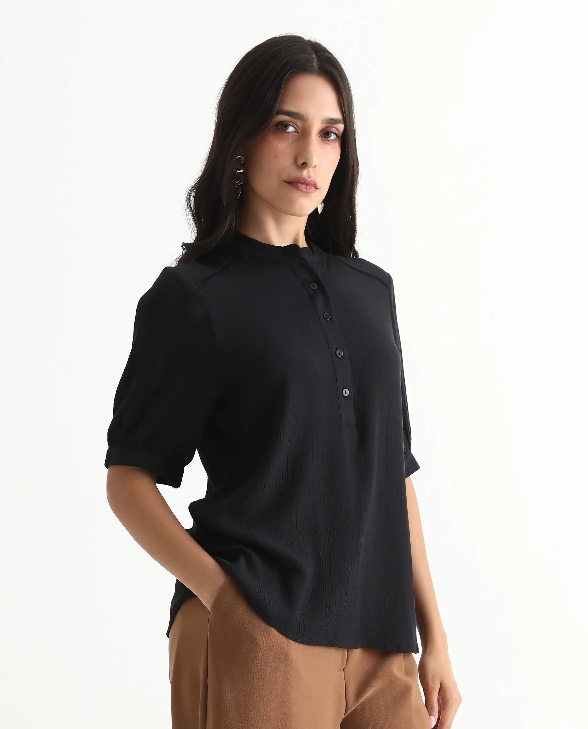 Rareism Women's Elane Black 100% Viscose Bishop Sleeve Mandarin Collar Regular Fit Plain Top - Image 7