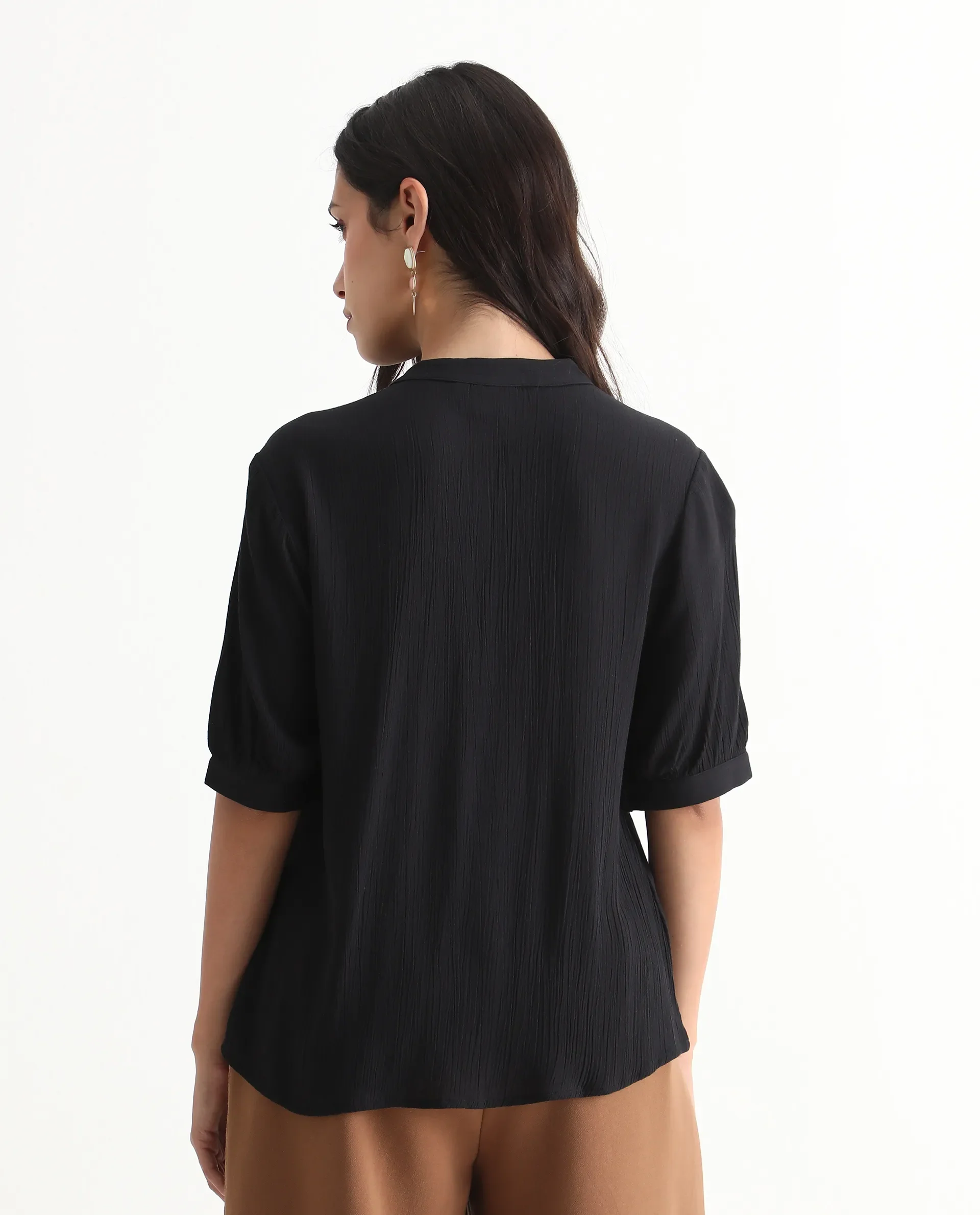 Rareism Women's Elane Black 100% Viscose Bishop Sleeve Mandarin Collar Regular Fit Plain Top - Image 8