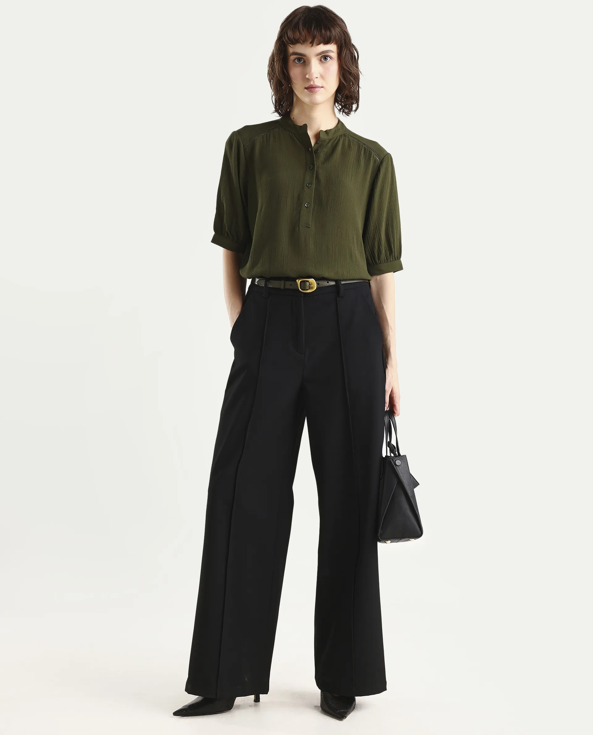 Rareism Women's Elane Olive Viscose Half Sleeve Regular Fit Plain Top - Image 2