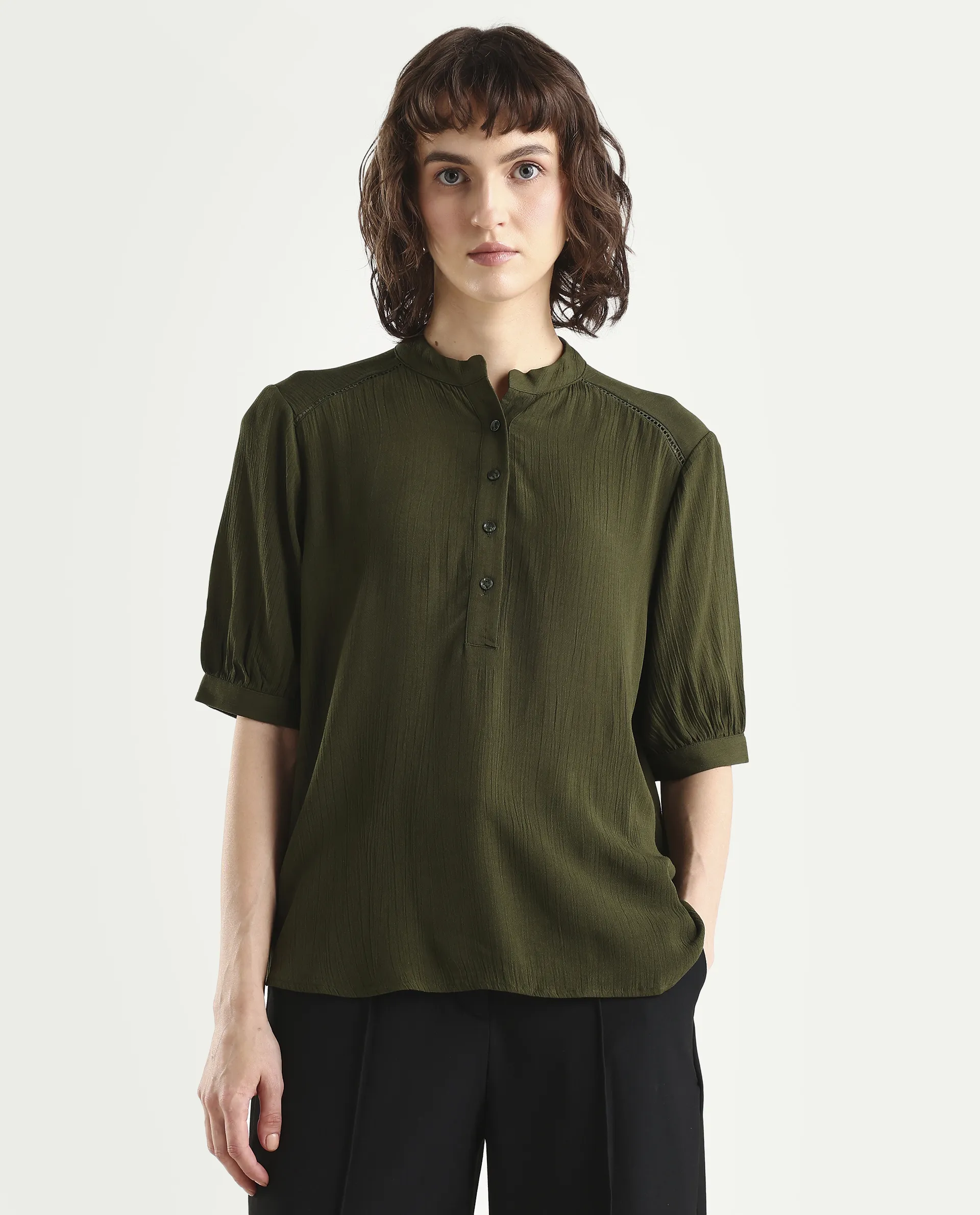 Rareism Women's Elane Olive Viscose Half Sleeve Regular Fit Plain Top - Image 3