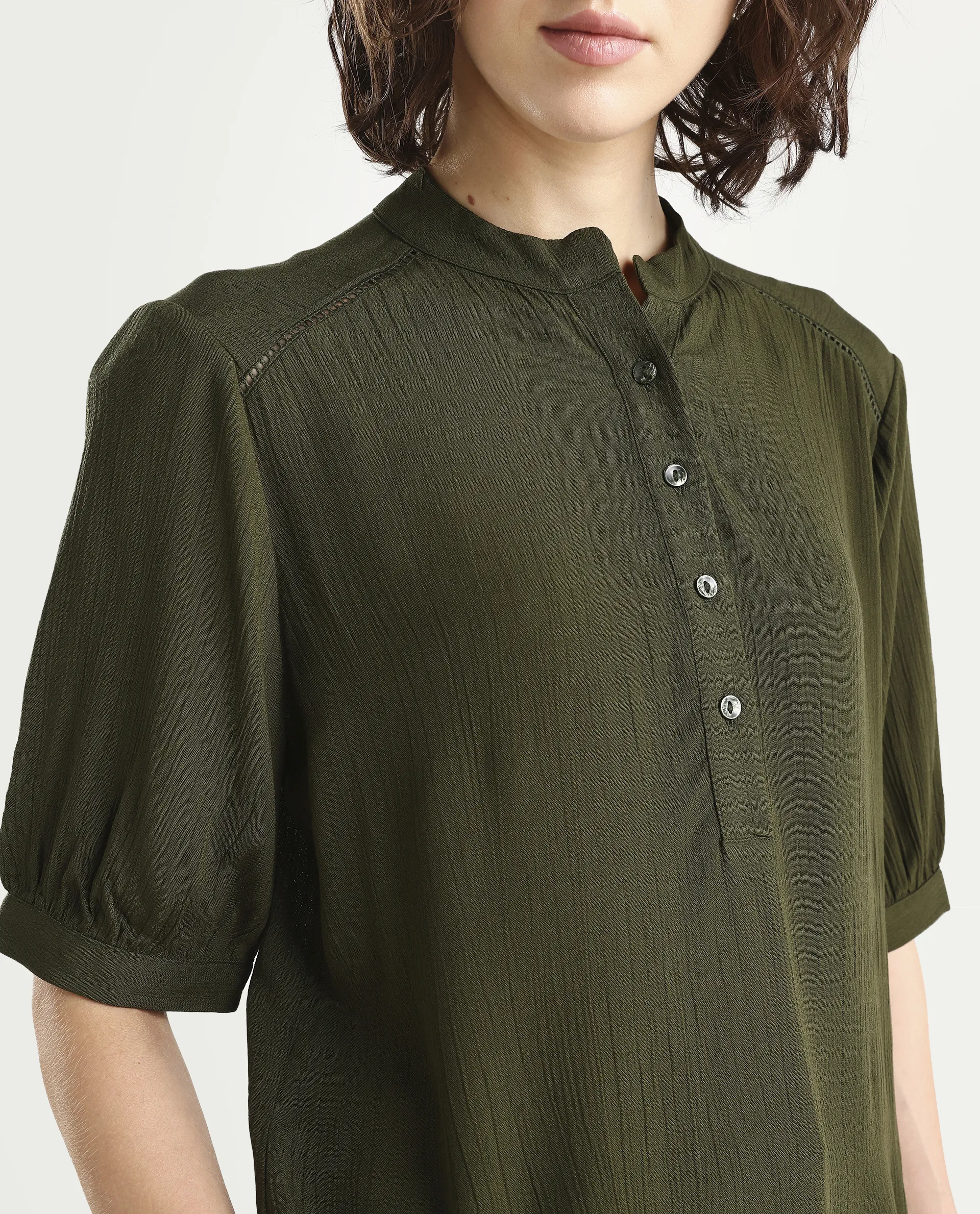 Rareism Women's Elane Olive Viscose Half Sleeve Regular Fit Plain Top - Image 4