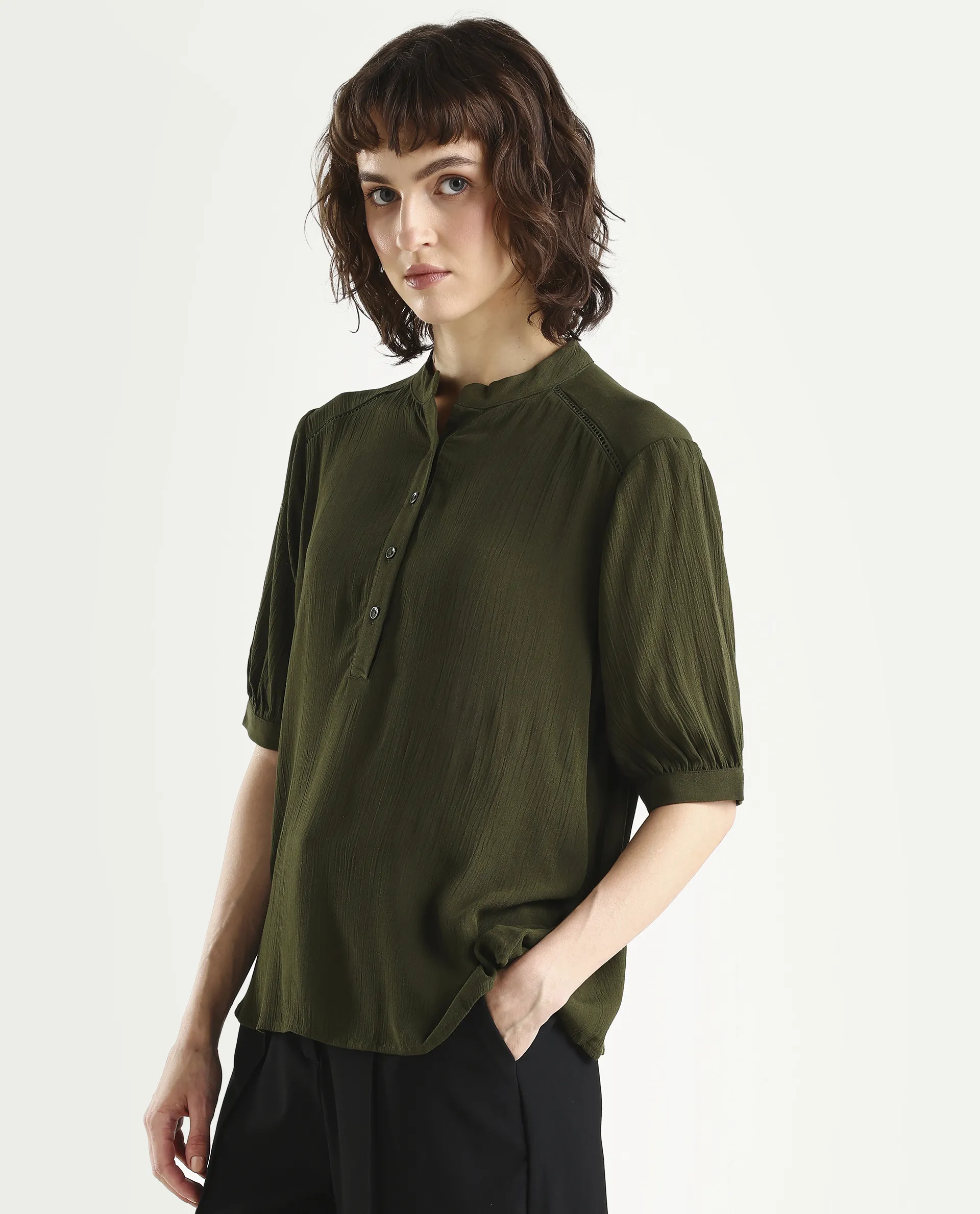 Rareism Women's Elane Olive Viscose Half Sleeve Regular Fit Plain Top - Image 5