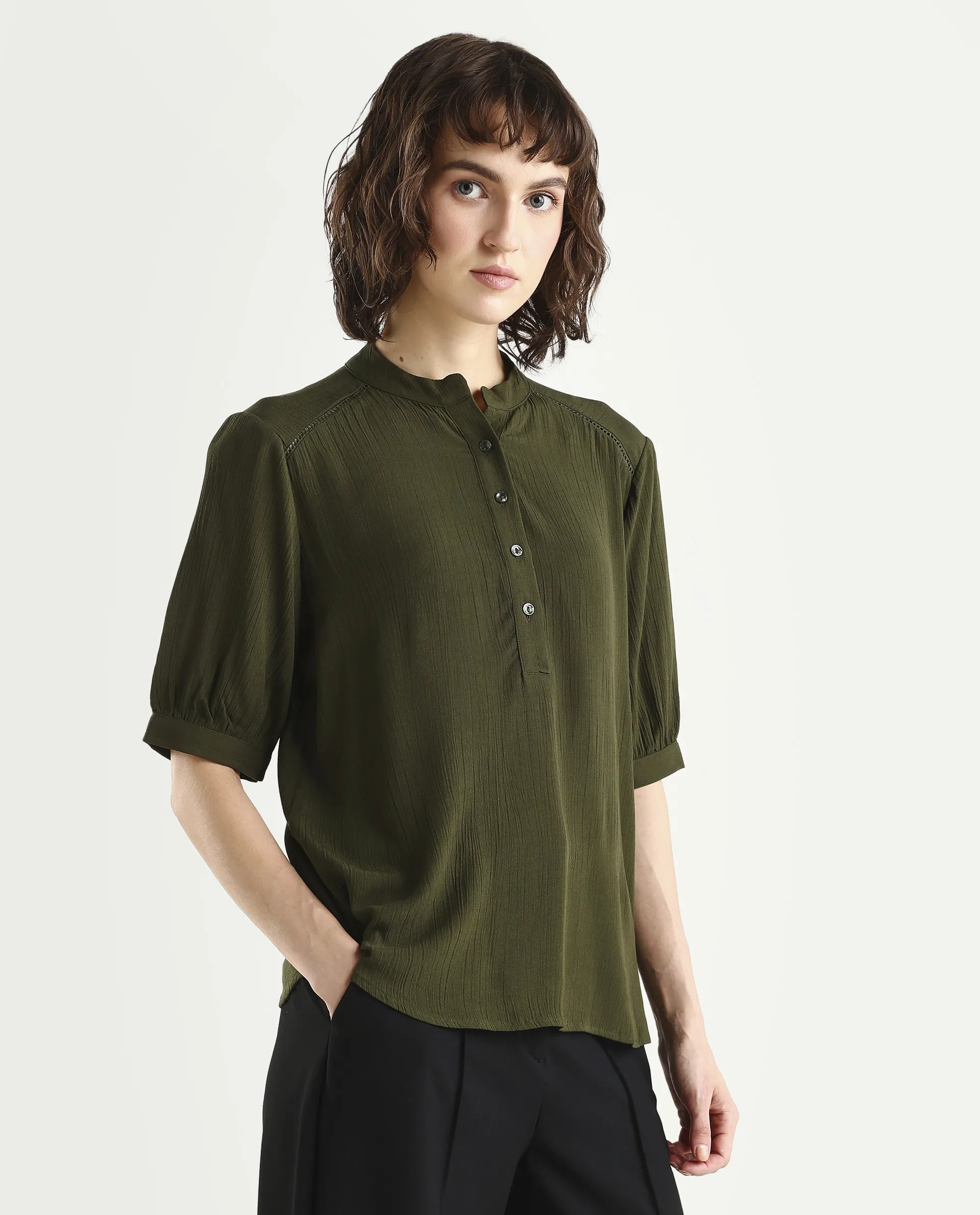 Rareism Women's Elane Olive Viscose Half Sleeve Regular Fit Plain Top - Image 6