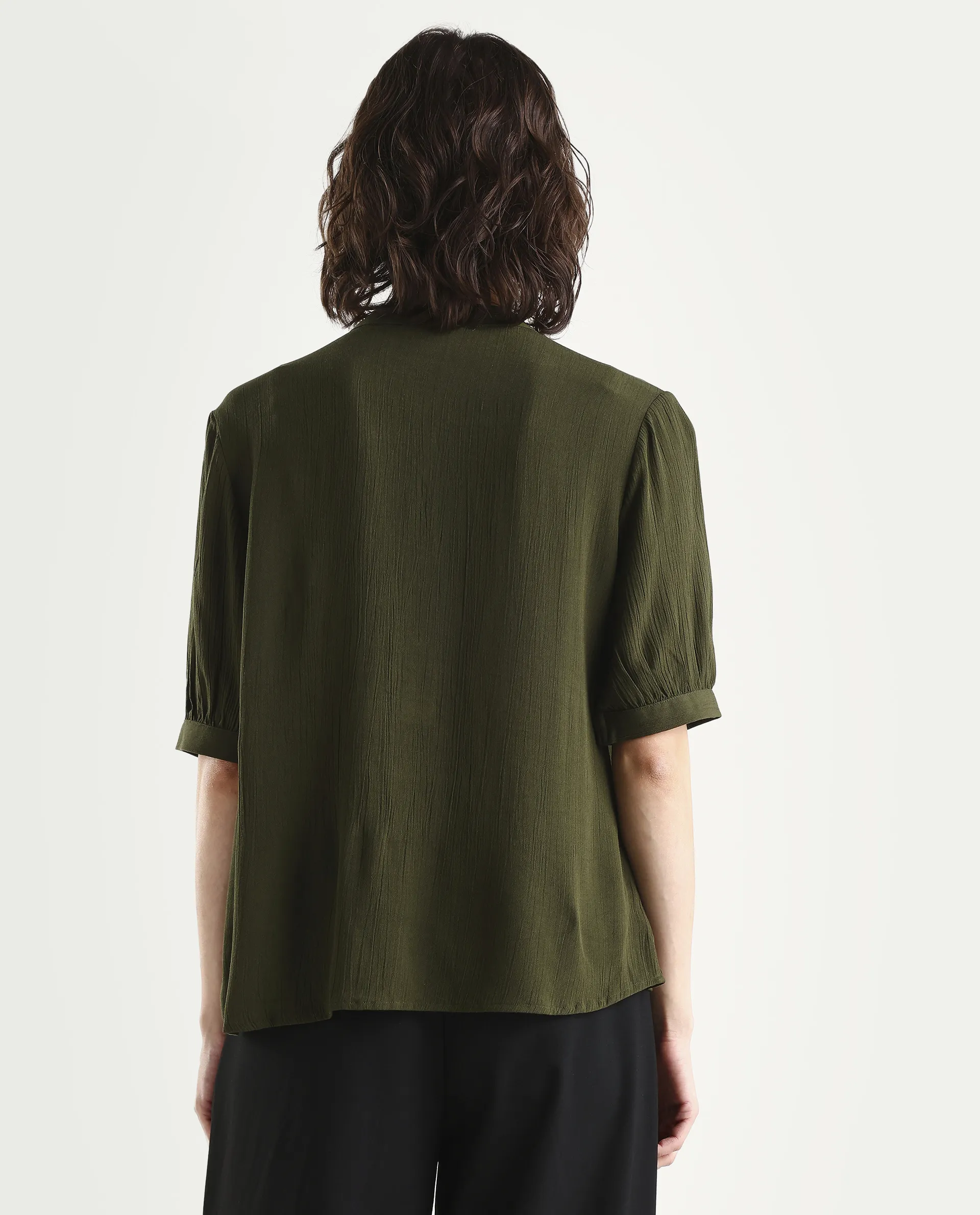 Rareism Women's Elane Olive Viscose Half Sleeve Regular Fit Plain Top - Image 7