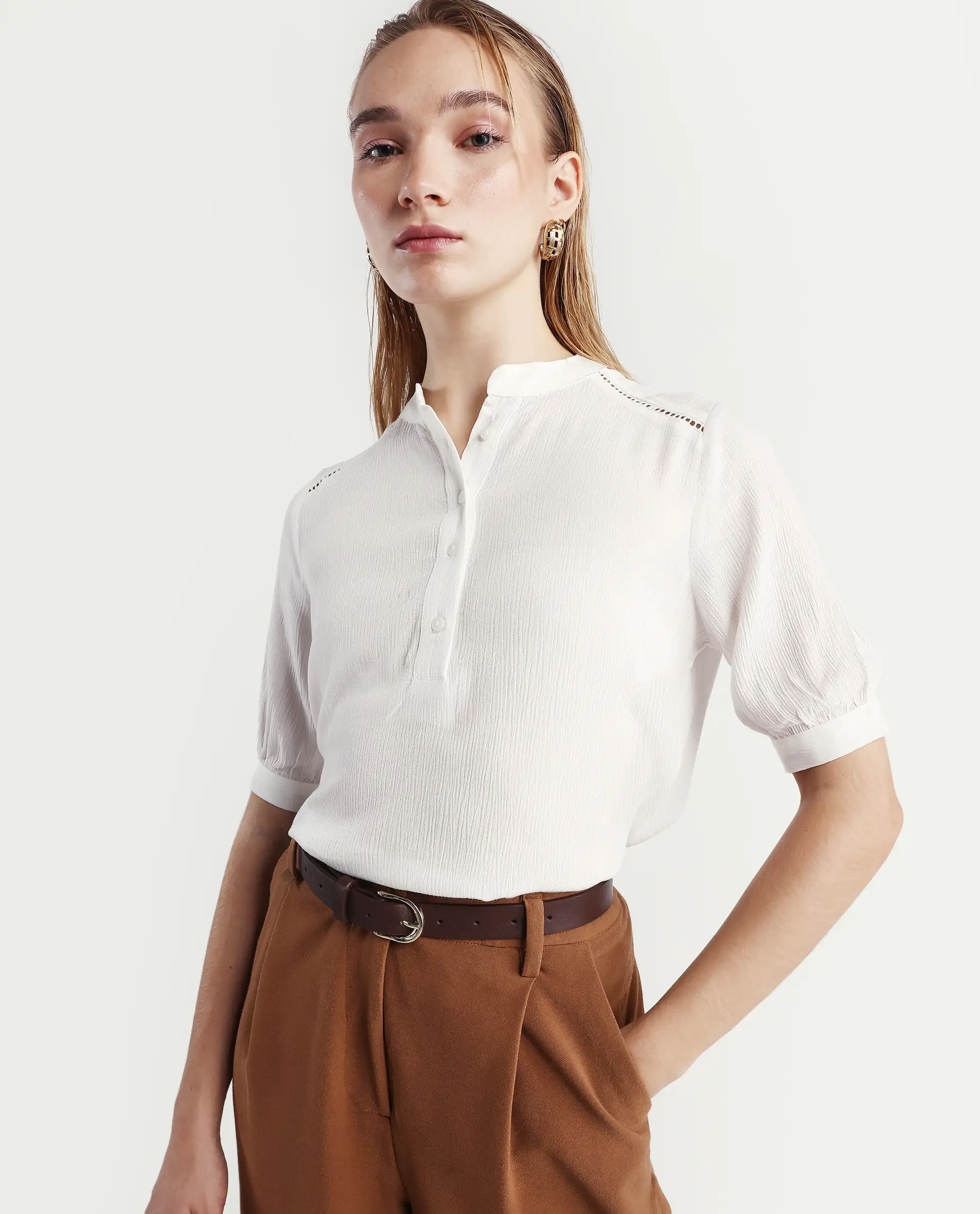Rareism Women's Elane White Viscose Mandarin Collar Regular Fit Plain Top