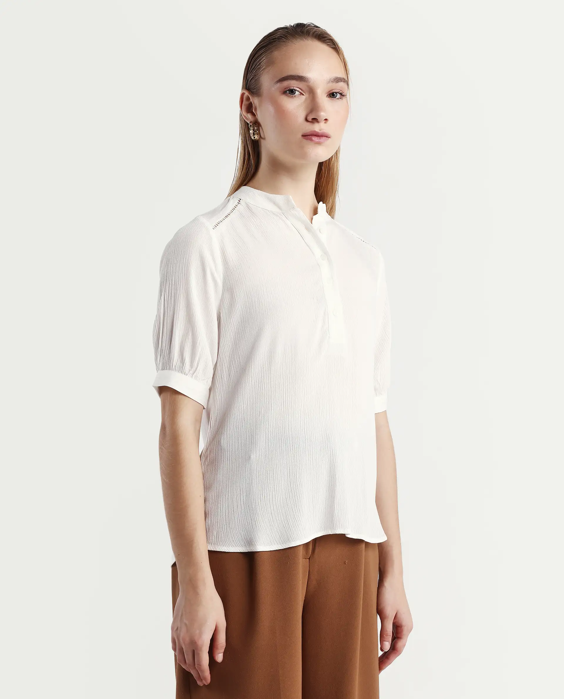 Rareism Women's Elane White Viscose Mandarin Collar Regular Fit Plain Top - Image 6