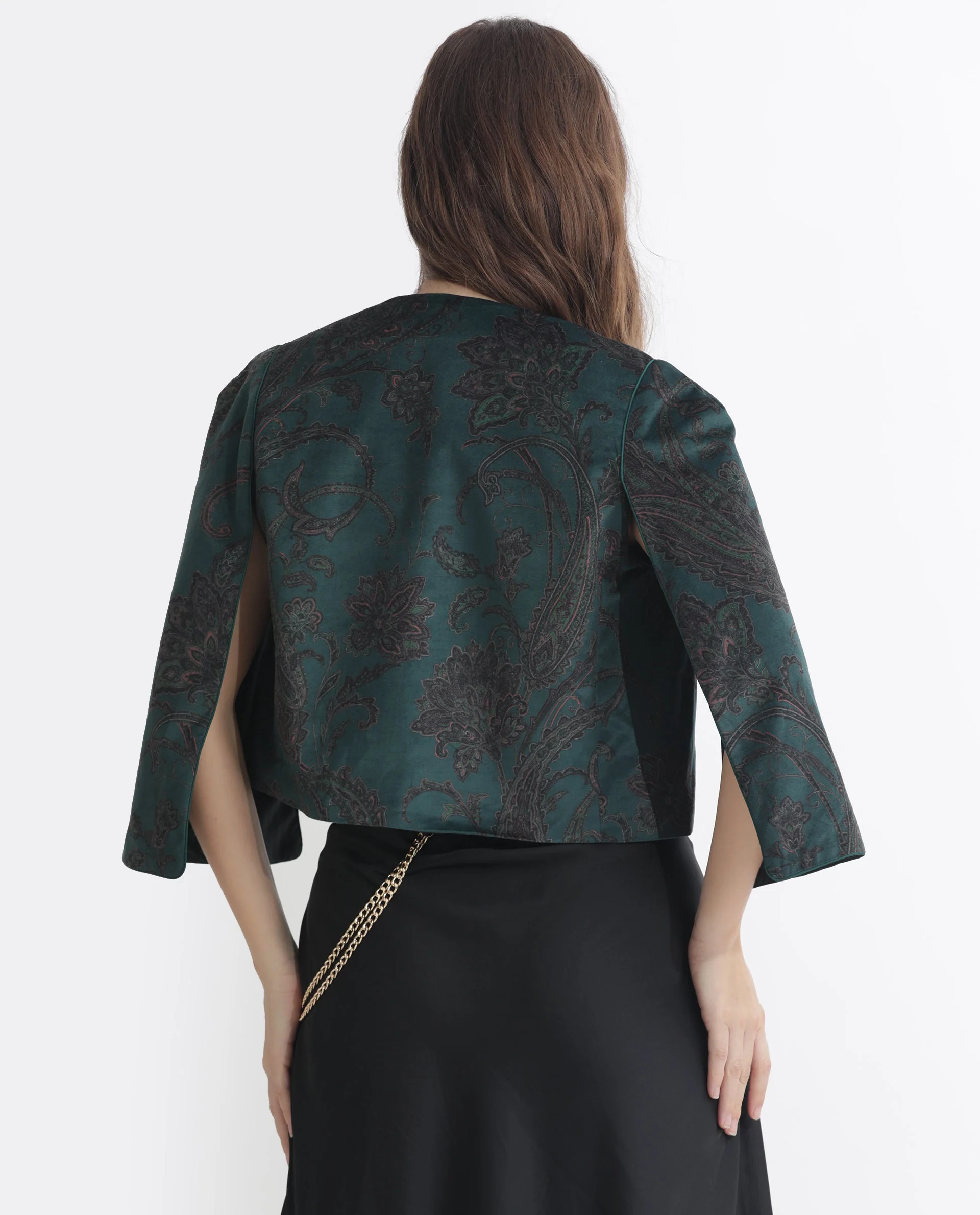 Rareism Women's Elani Green Velvet Collarless Floral Print Cape Sleeve Regular Fit Shrug - Image 4