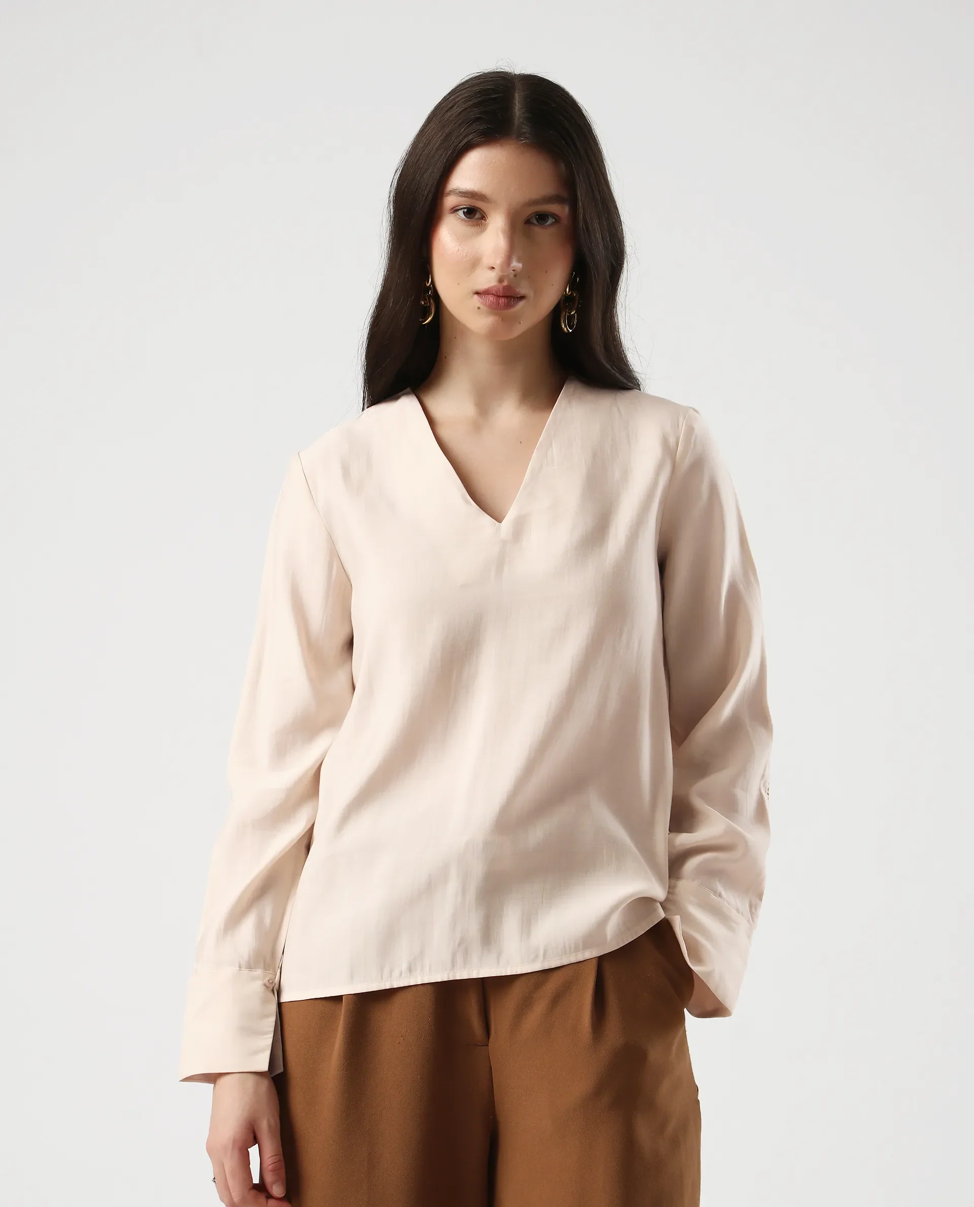 Rareism Women's Elani Beige Viscose Blend V-Neck Regular Fit Plain Top - Image 2