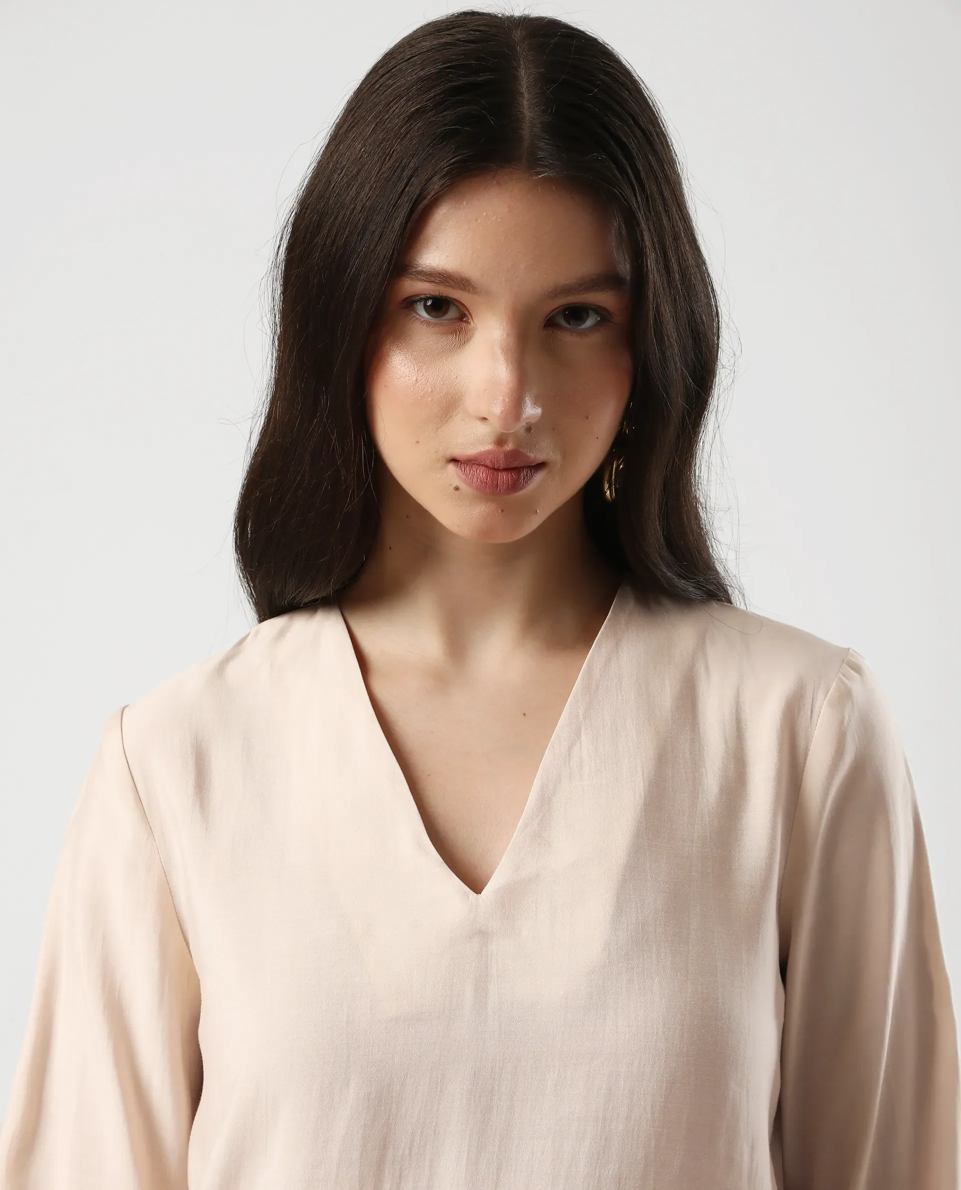 Rareism Women's Elani Beige Viscose Blend V-Neck Regular Fit Plain Top - Image 3