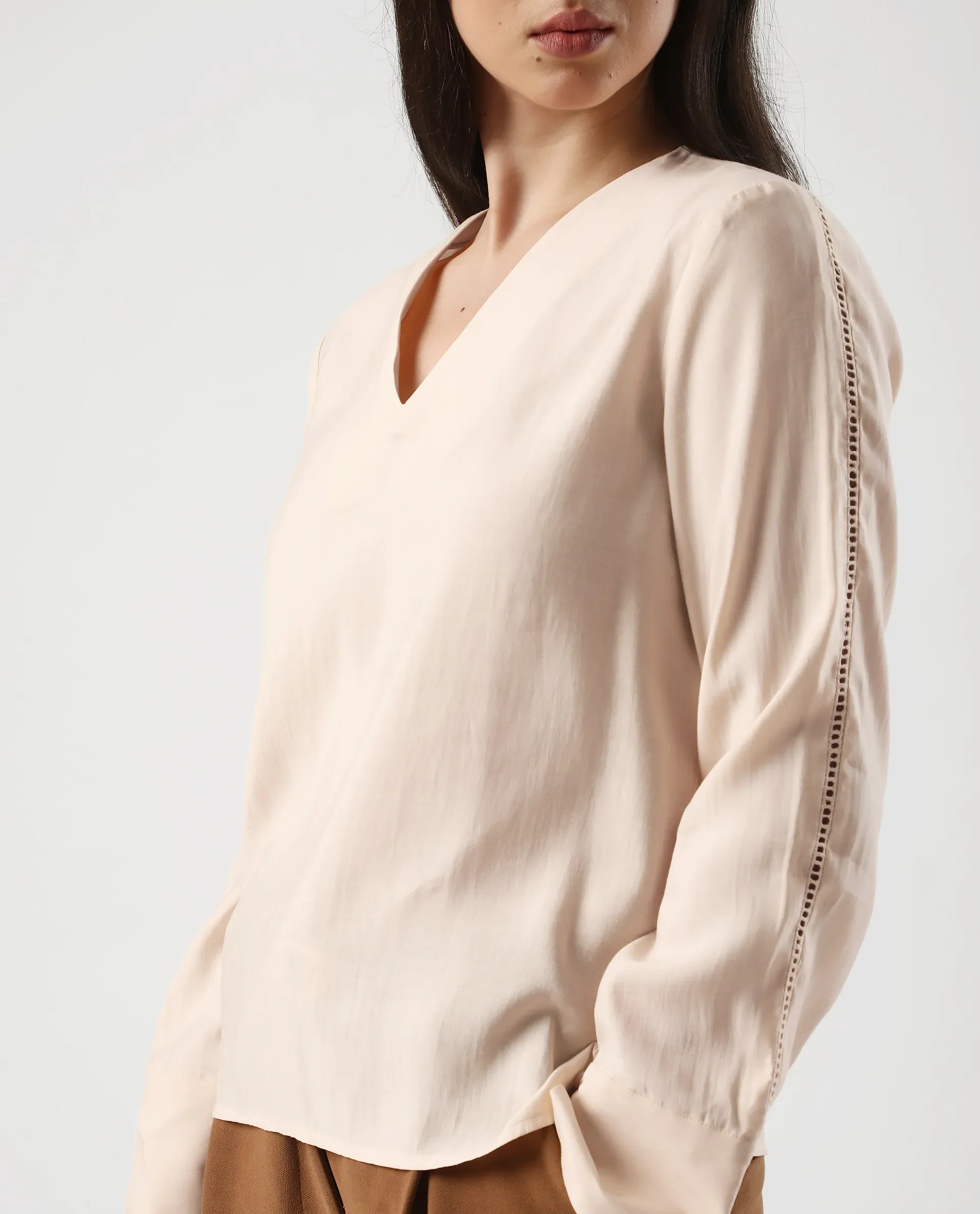 Rareism Women's Elani Beige Viscose Blend V-Neck Regular Fit Plain Top - Image 4