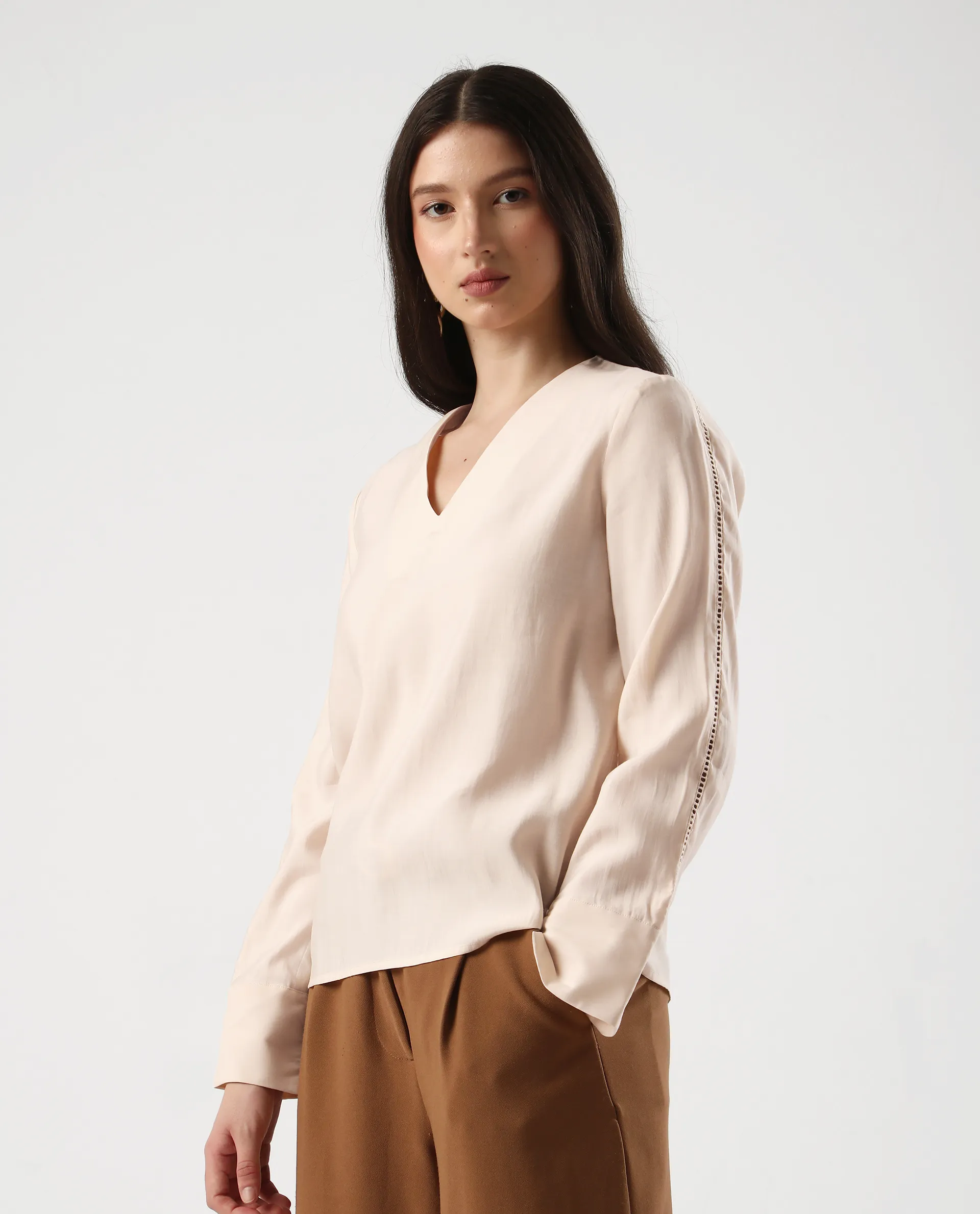 Rareism Women's Elani Beige Viscose Blend V-Neck Regular Fit Plain Top - Image 5