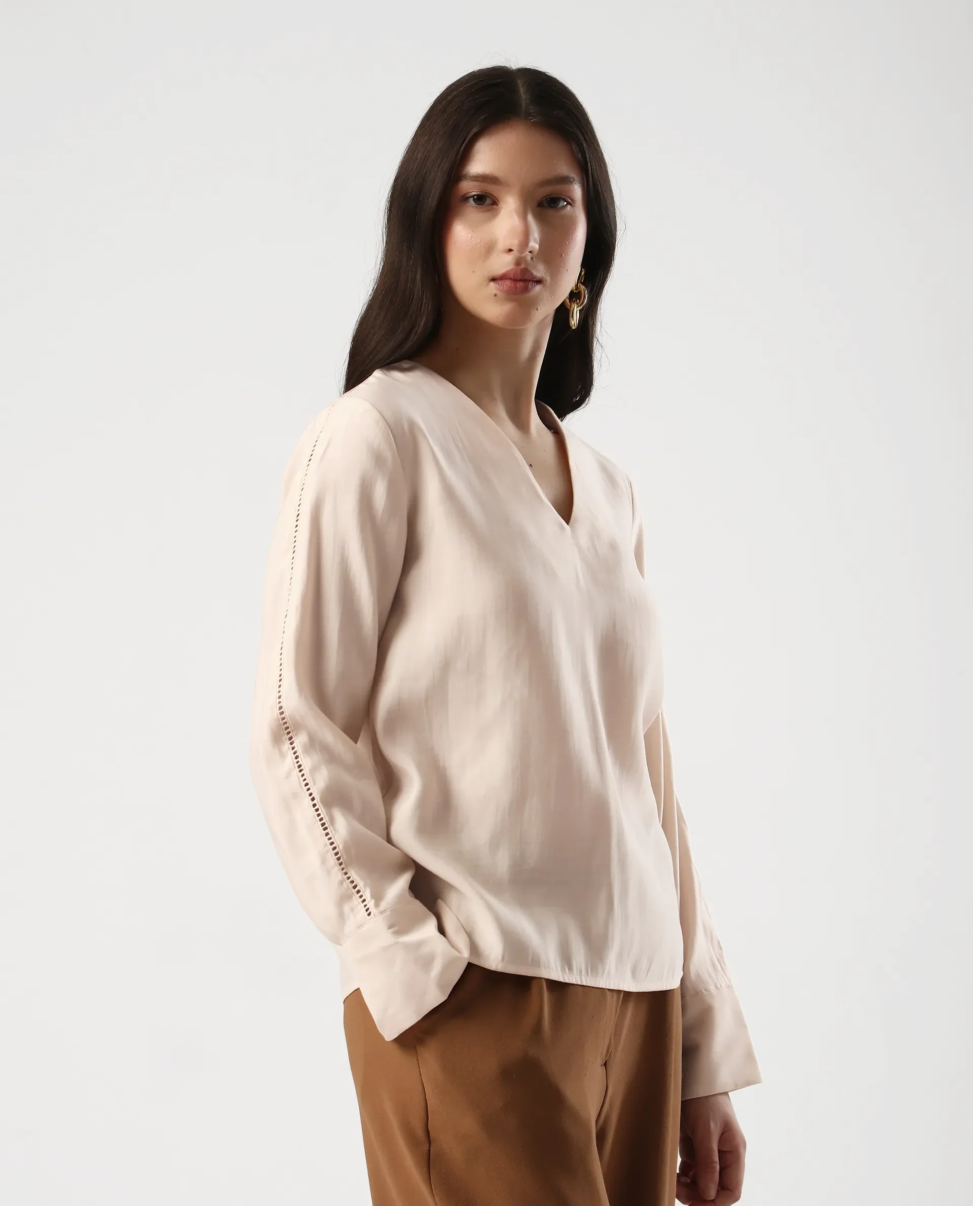 Rareism Women's Elani Beige Viscose Blend V-Neck Regular Fit Plain Top - Image 6