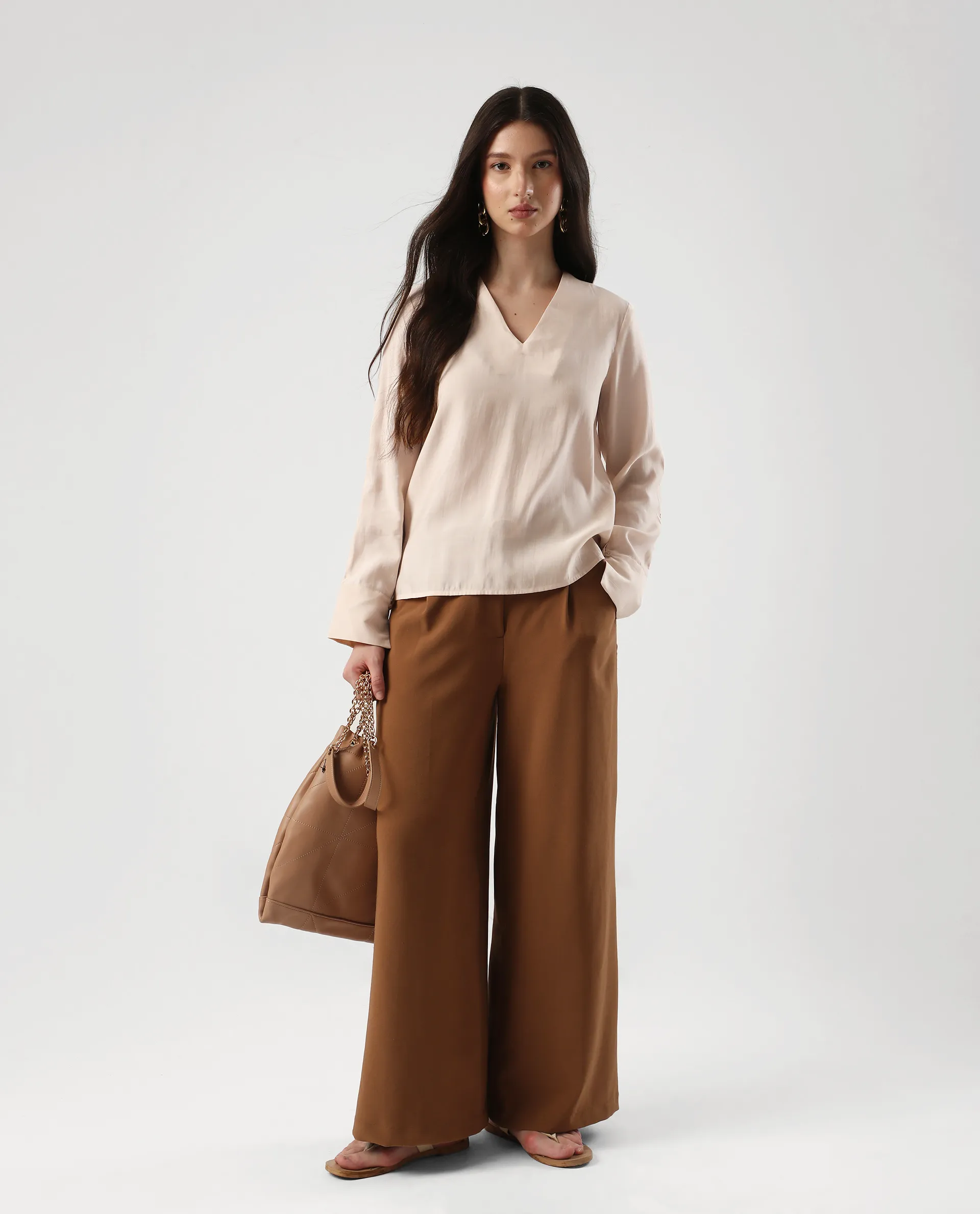 Rareism Women's Elani Beige Viscose Blend V-Neck Regular Fit Plain Top - Image 7