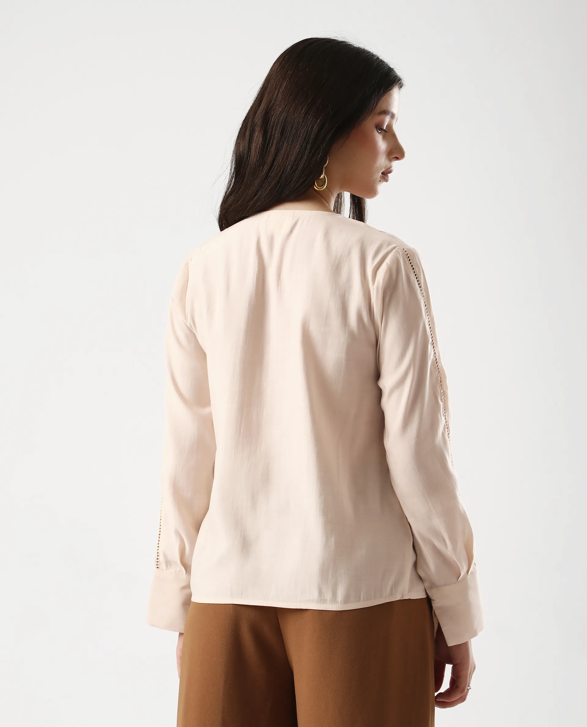 Rareism Women's Elani Beige Viscose Blend V-Neck Regular Fit Plain Top - Image 8
