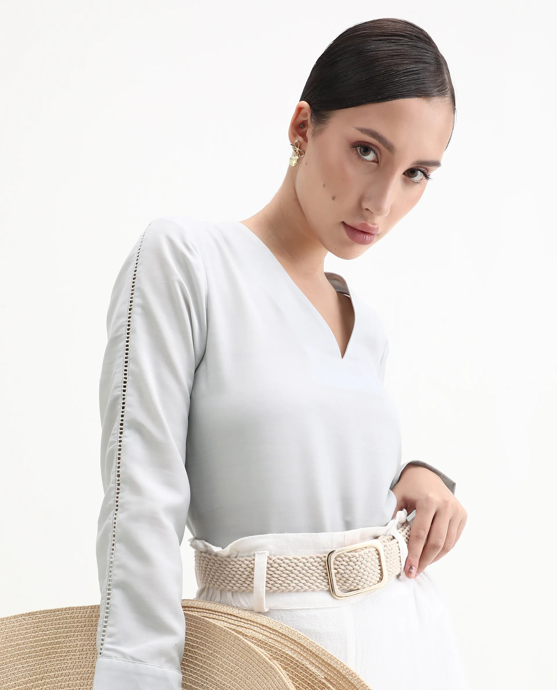 Rareism Women's Elapo Grey Polyester Cuffed Sleeve V-Neck Regular Fit Plain Top - Image 2