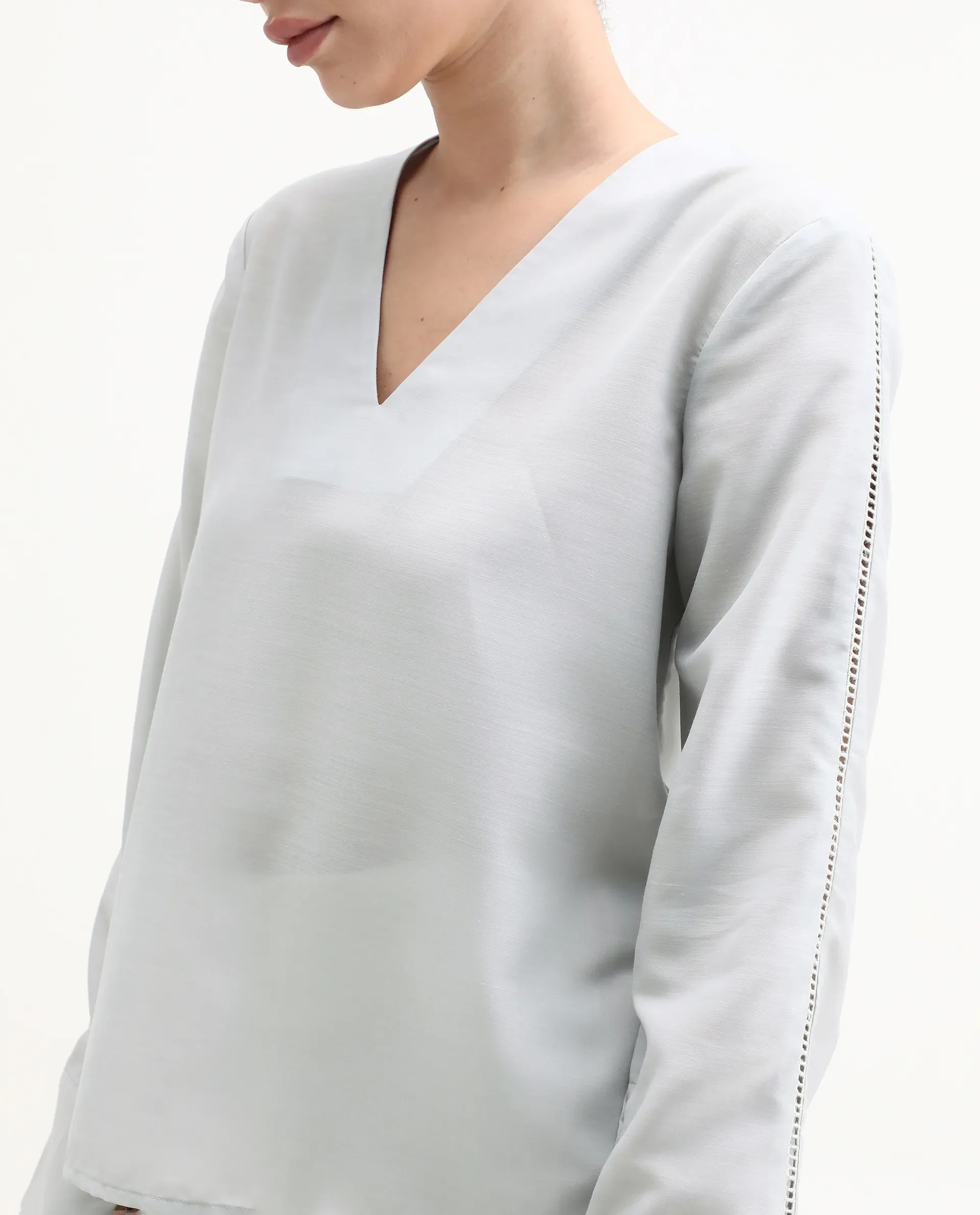 Rareism Women's Elapo Grey Polyester Cuffed Sleeve V-Neck Regular Fit Plain Top - Image 3