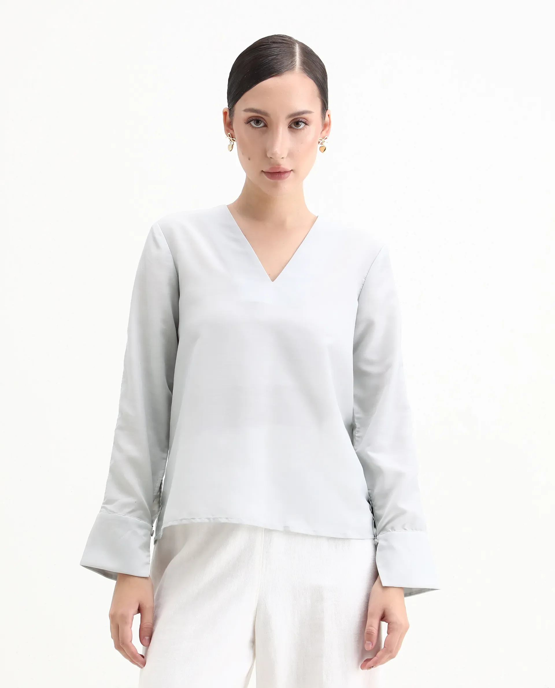 Rareism Women's Elapo Grey Polyester Cuffed Sleeve V-Neck Regular Fit Plain Top - Image 4