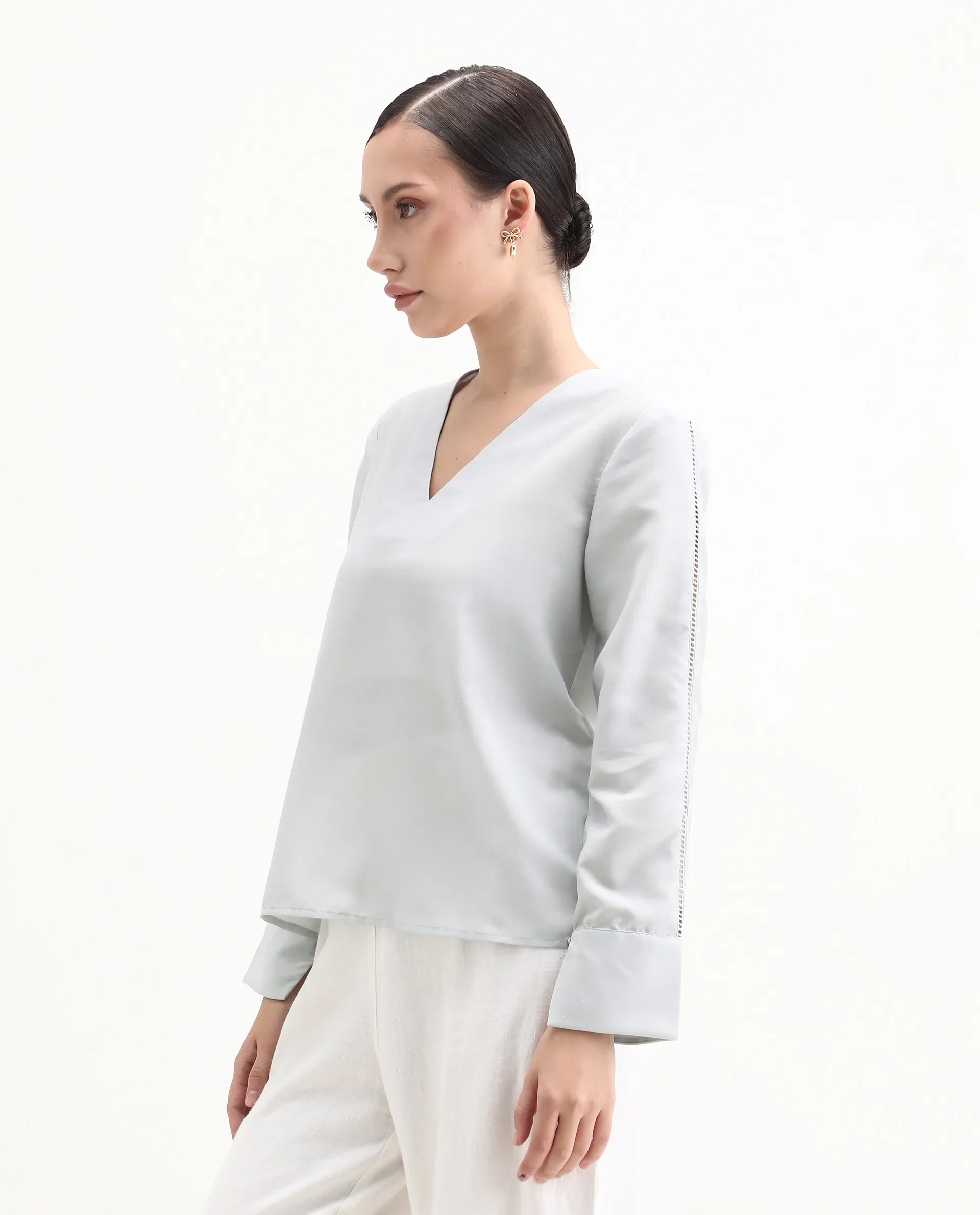 Rareism Women's Elapo Grey Polyester Cuffed Sleeve V-Neck Regular Fit Plain Top - Image 5