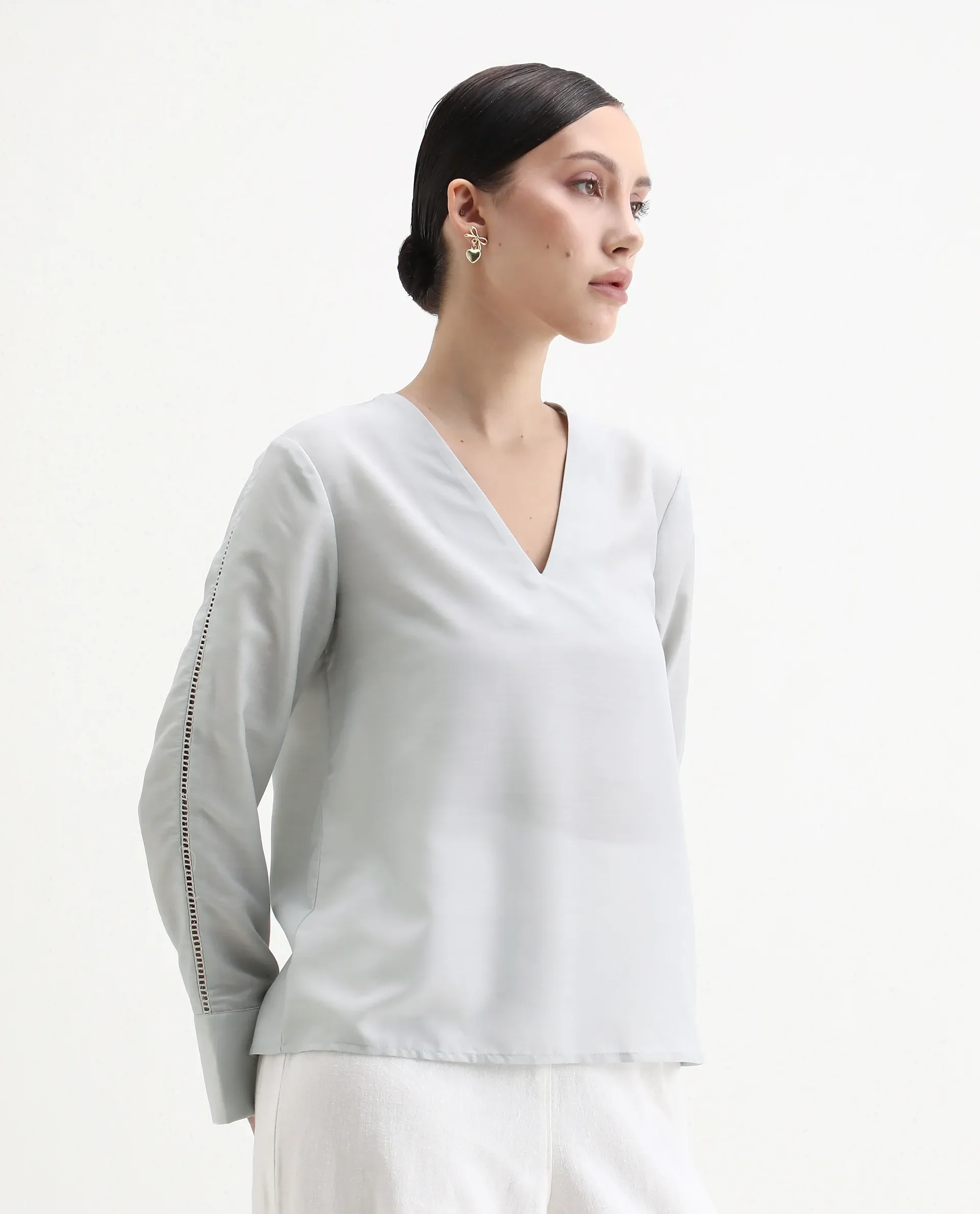 Rareism Women's Elapo Grey Polyester Cuffed Sleeve V-Neck Regular Fit Plain Top - Image 6